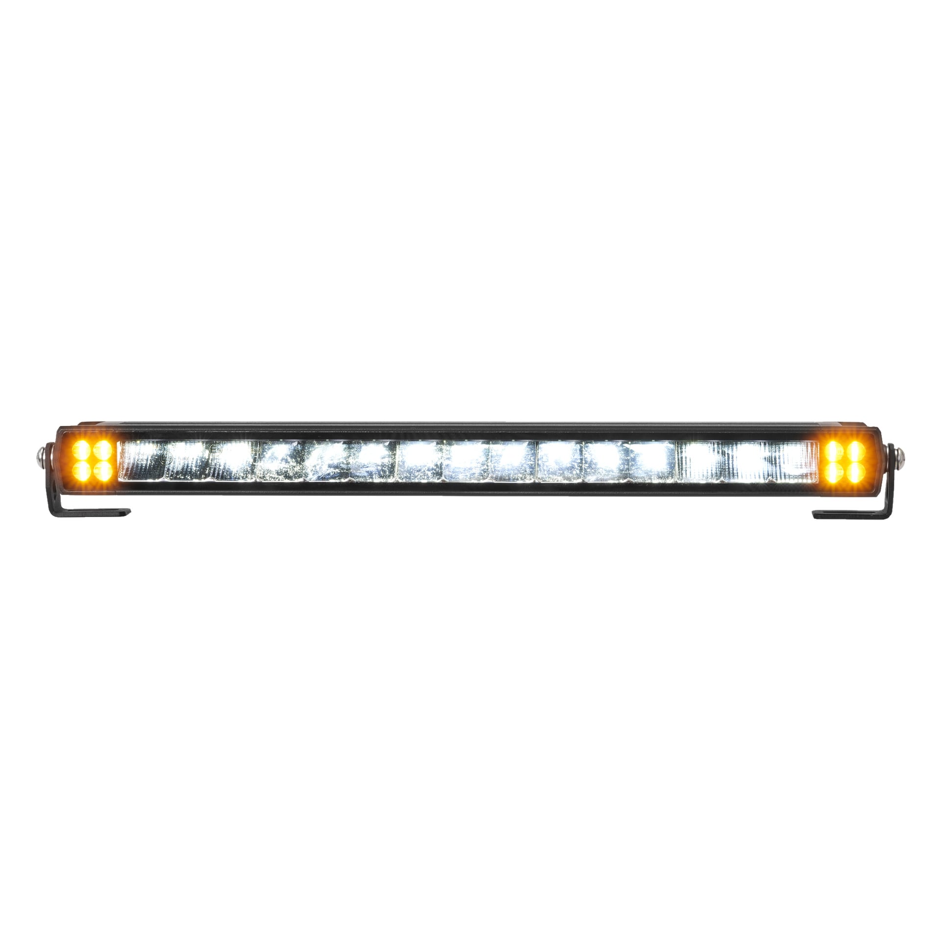 En direkt framifrån vy av Hamron Light bar, utrustad med varningslampor. Mittsektionen visar klara vita LED-lampor, medan varje ände har grupper av bärnstensfärgade LED-lampor. Ljusbaren är fäst på svarta monteringsfästen.