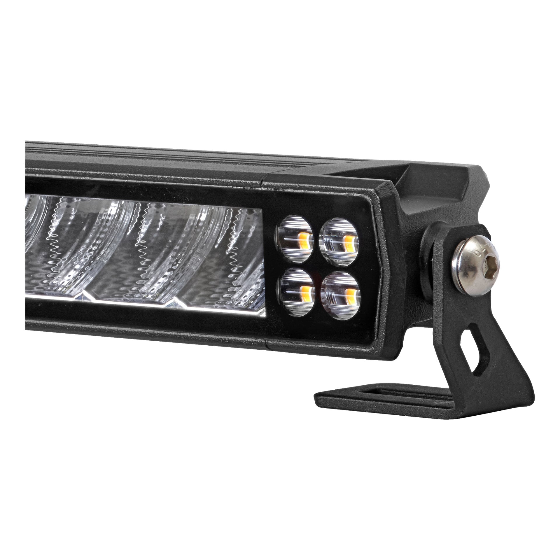 Hamron Light bar varnings-LED visades i närbild, med en slank svart rektangulär ram med fyra cirkulära LED-lampor och reflekterande sidopaneler, fästa med ett stadigt metallfäste fäst med en sexkantsbult.