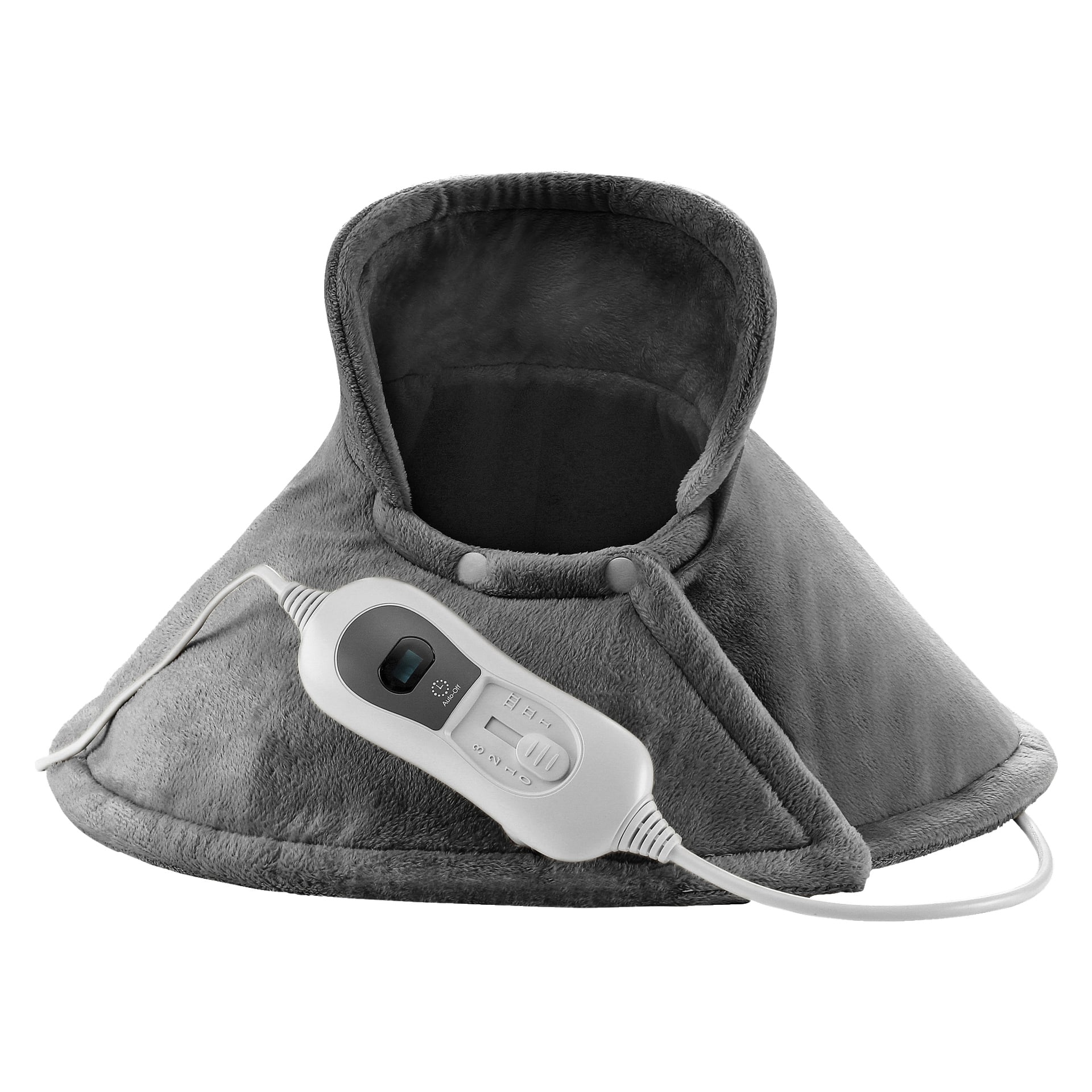 Bright Heat Pad för nacke och axlar har ett mjukt grått tyg i konformad form med en fast huva. Inkluderat finns en vit trådbunden kontroll utrustad med knappar och en digital skärm för att anpassa inställningarna.