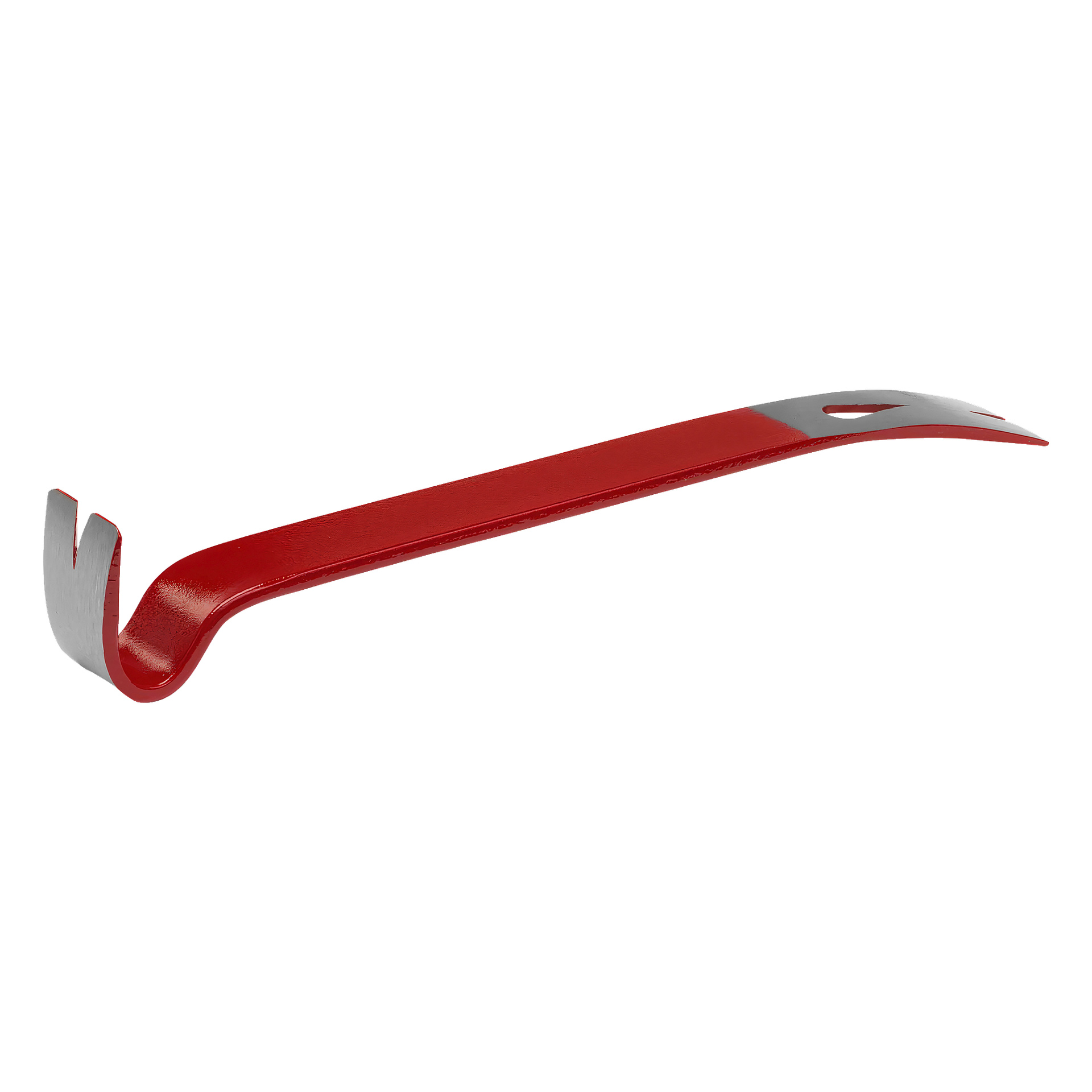 Hultafors Crowbar 108 Mini to kompaktowy metalowy łom w kolorach czerwonych i srebrnych, z zakrzywionymi końcami; jeden koniec ma wcięcie w kształcie litery V, a przeciwny koniec jest płaski i ukośny z otworem.
