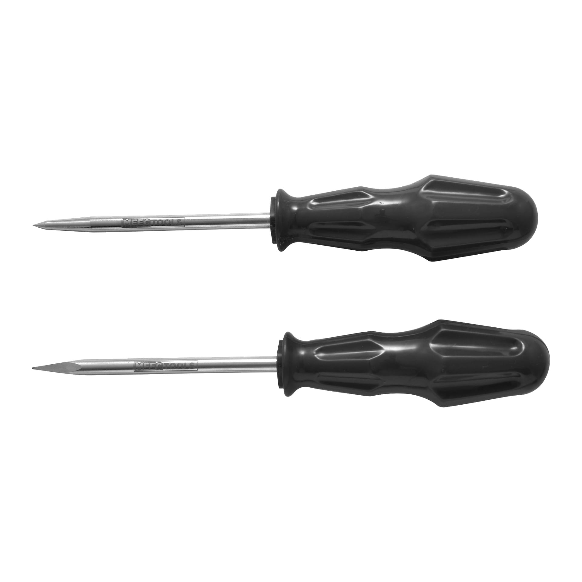 Två Meec Tools från ett tvådelat set visas sida vid sida: sylen ovanpå med en rundad spets och piercern nedanför med en spetsig spets. Båda har svarta, texturerade handtag och metallskaft.