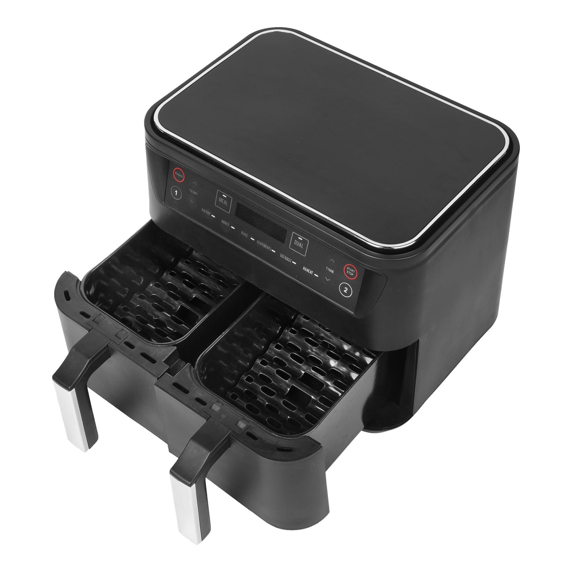 En elegant svart Bright Hot Air Deep-Fryer med digital display visas, med två öppna utdragbara brickor med handtag som avslöjar perforerade matlagningsytor. Frampanelen har pekkänsliga kontroller.