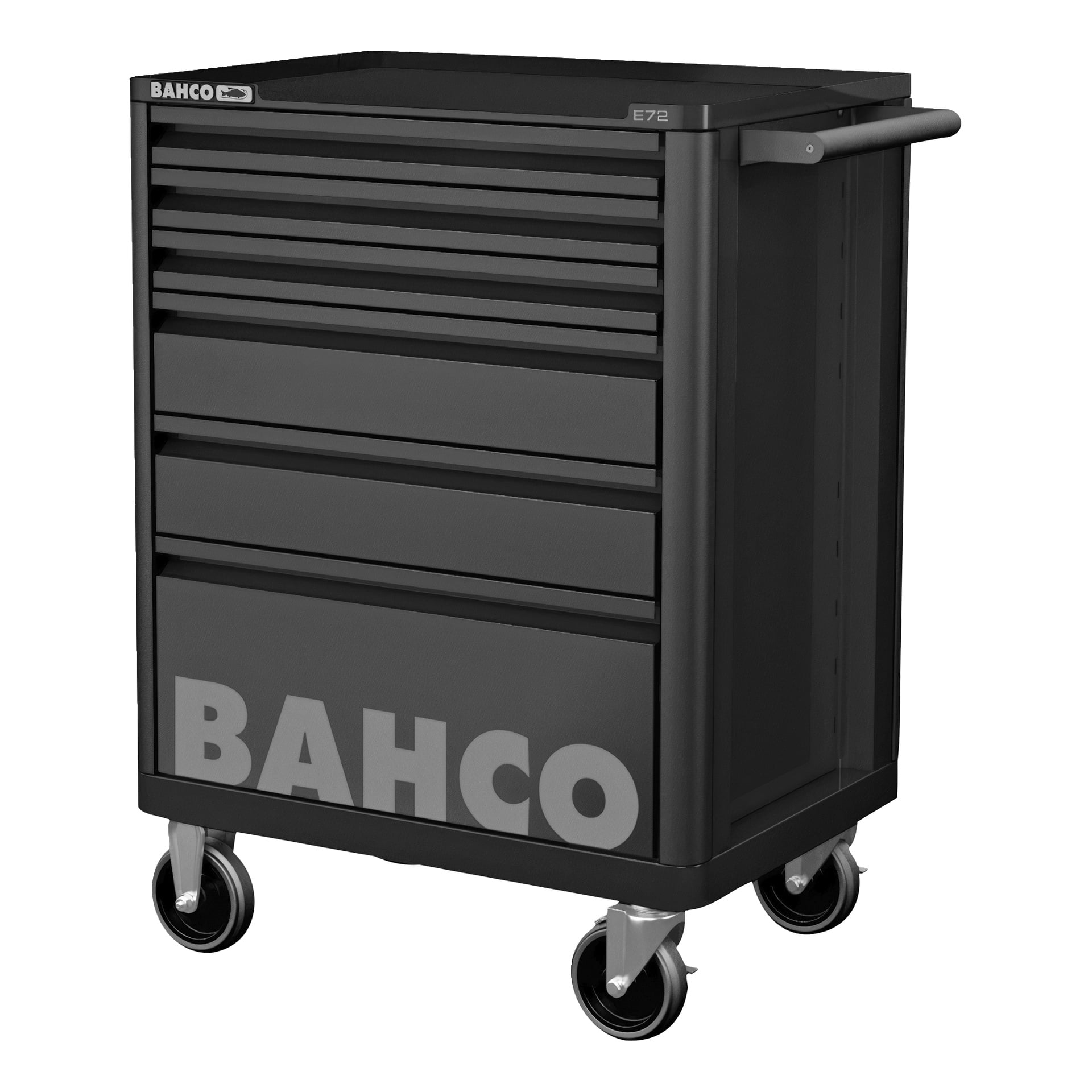Svart verktøykasse på hjul med seks skuffer, "BAHCO" foran, håndtak på høyre side, og sølvfarget merke øverst til venstre.