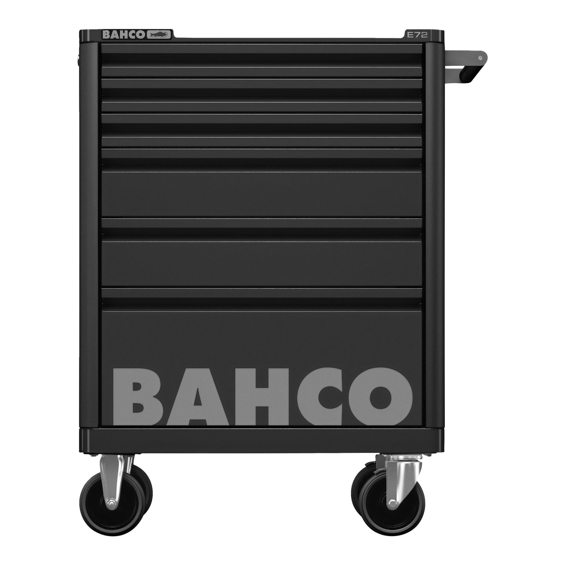 Svart BAHCO E72 verktøyvogn med seks skuffer og fire hjul, sett forfra. "BAHCO" vises med store bokstaver nedenfor.