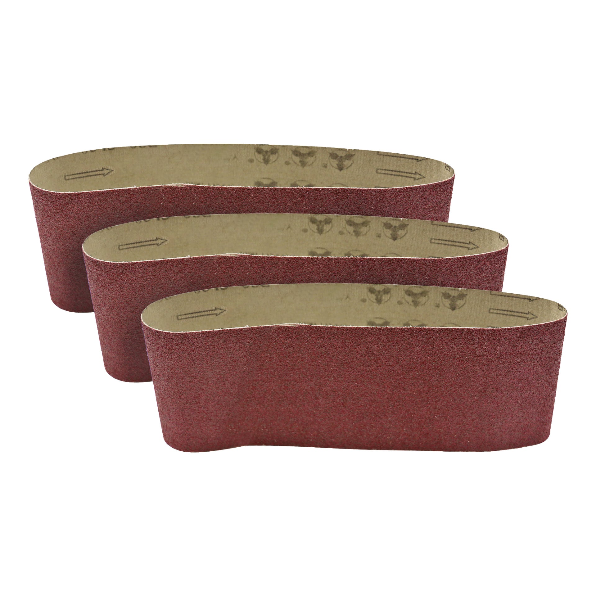 Tre Meec Tools Sanding Belt 3 Pack-band visas delvis överlappa varandra i en förskjuten layout, med de brunröda slipsidorna synliga och riktade pilar markerade på insidan.