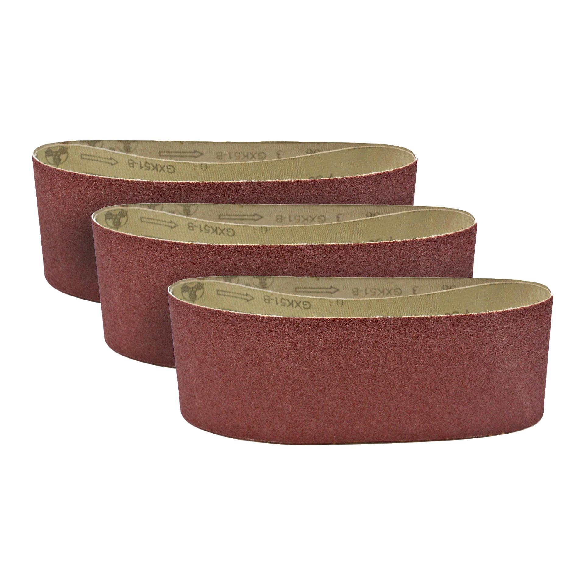 Tre slipband från Meec Tools slipband 3 Pack visas i en förskjuten formation, där varje rött band bildar en oval ögla med text tryckt på insidan.