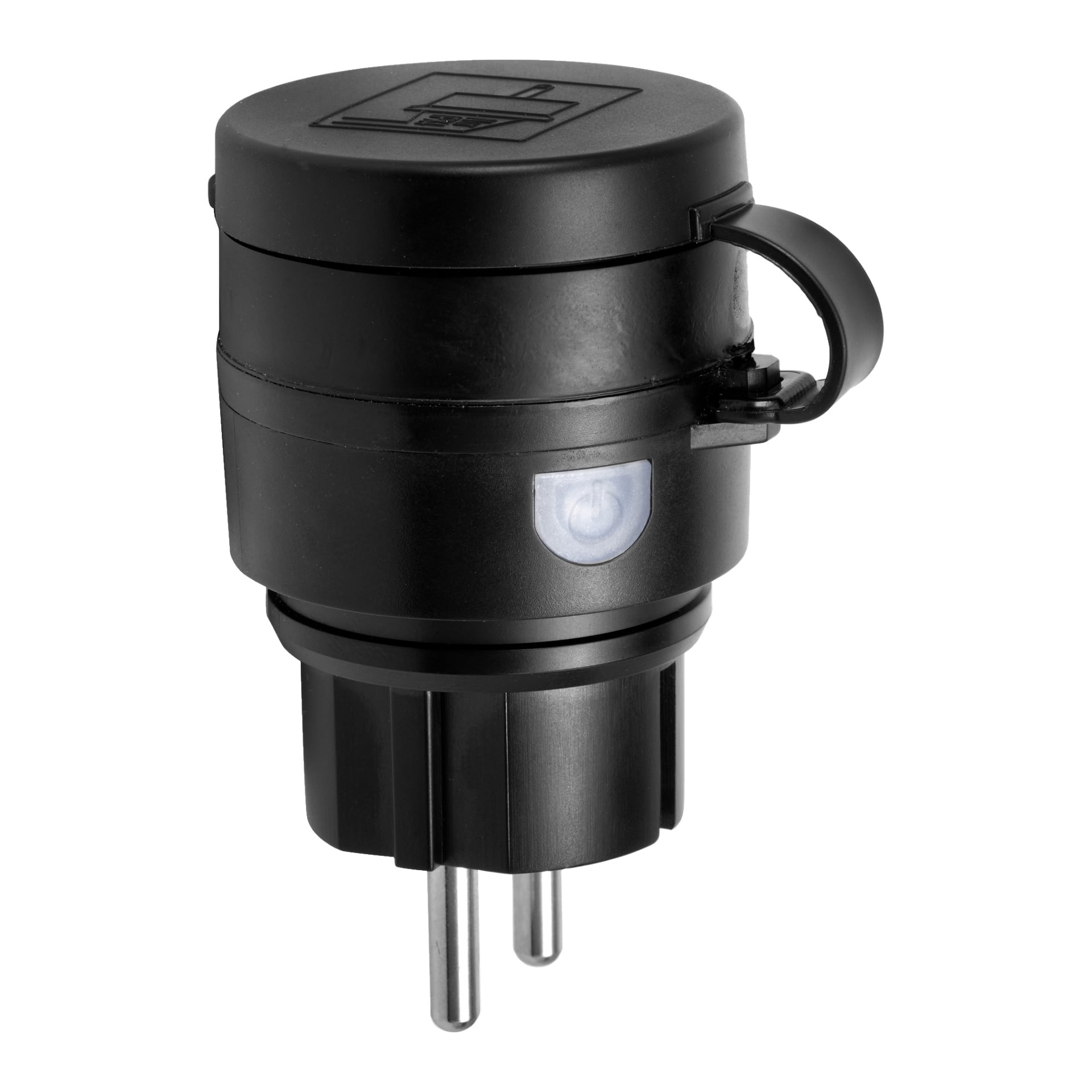 Svart Anslut Remote Power Switch Smart med två runda metallstift, ett sidofäst skyddslock och en liten genomskinlig indikator framtill. Den platta ovansidan är präglad med en symbol.