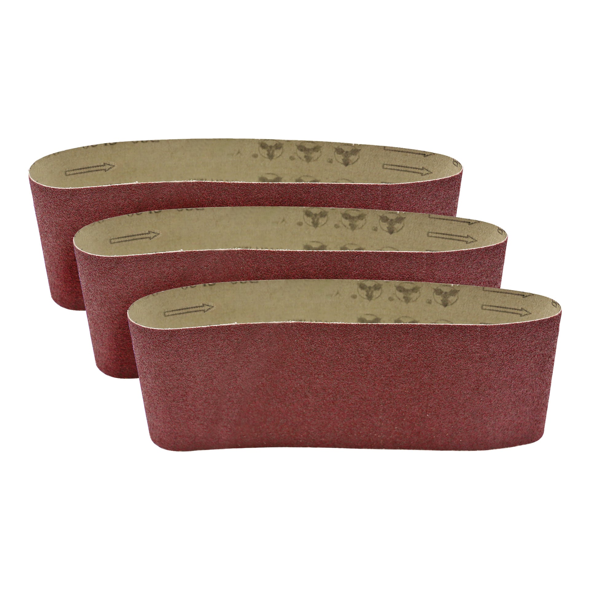 Tre slipband från Meec Tools, som ingår i en 3-pack, är utlagda i en något överlappande linje. De grova, slipande ytorna är vända utåt, och pilar är synliga på insidan och visar riktningen för korrekt användning.