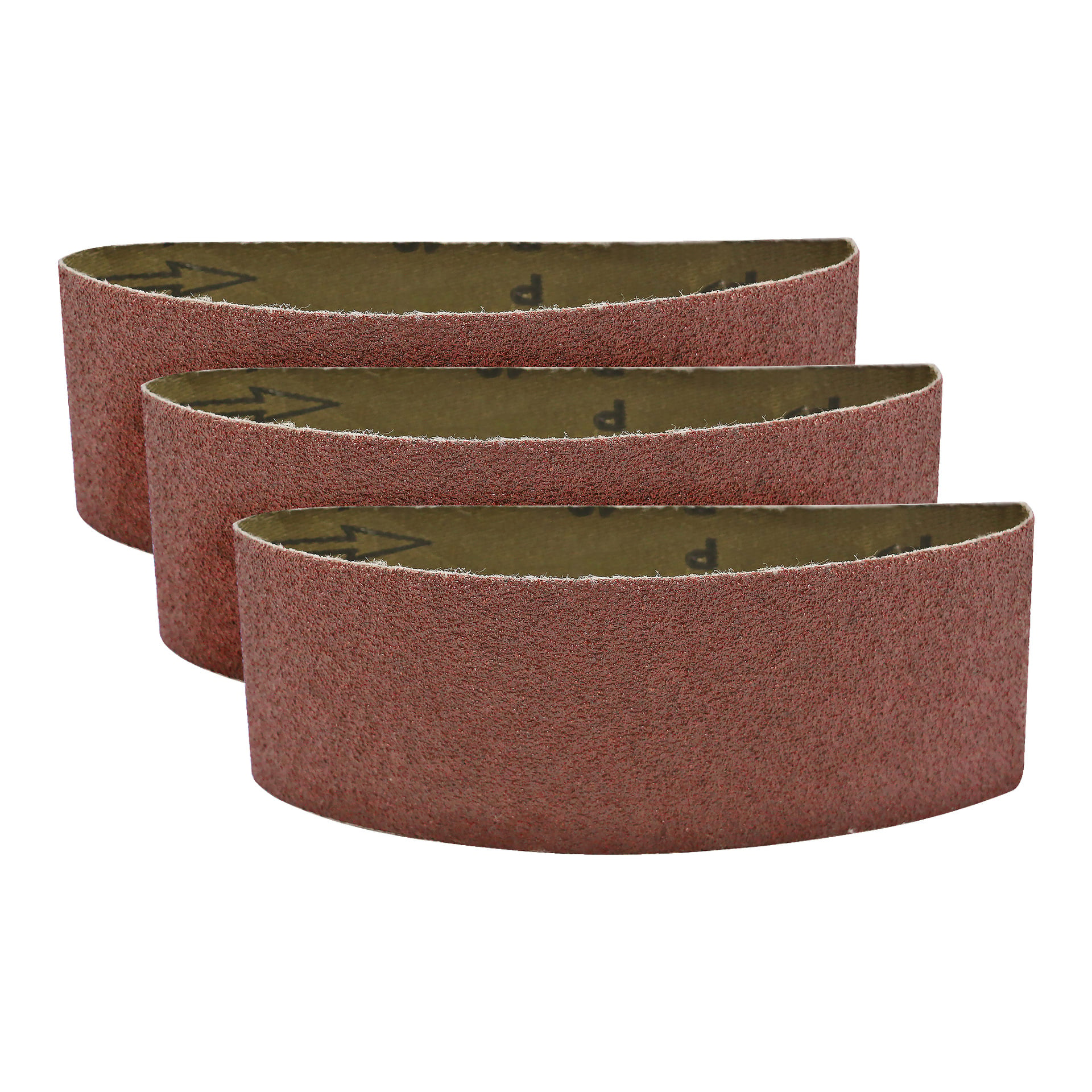 Tre helt nya Meec Tools Sanding Belt 3 Packs, var och en med rödbrun ton och grov yta, är placerade i en förskjuten rad.