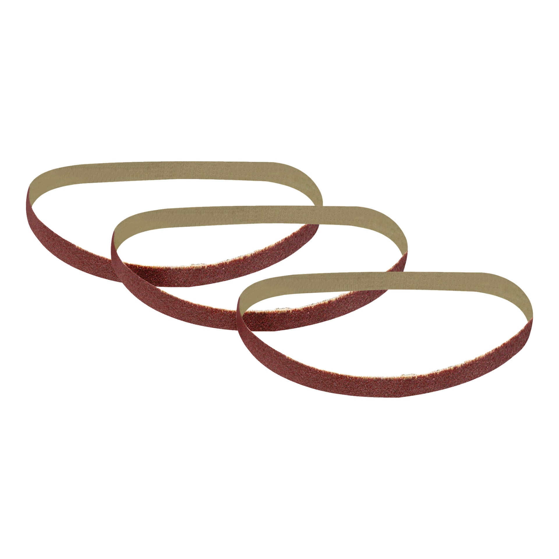 Ett set med tre slipband från Meec Tools visas sida vid sida, där varje band är uppslungat till en lång oval form. Den slipande, texturerade rödbruna ytan vetter utåt, medan den slätare beige baksidan syns på insidan av varje ögla.