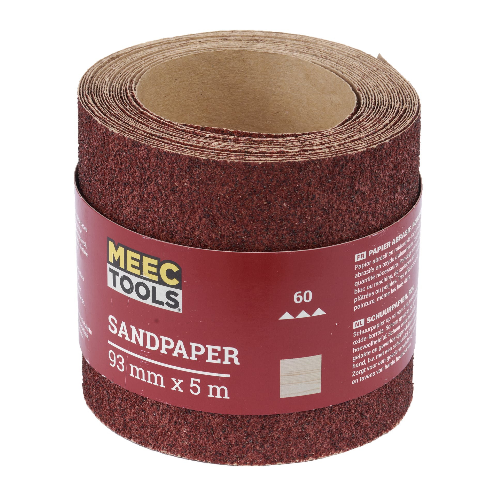 En stor rulle Meec Tools slippapper med en rödbrun slipyta. Etiketten som är lindad runt rullen visar måtten 93 mm x 5 m, kornstorlek 60, tillsammans med ytterligare produktinformation i texten.