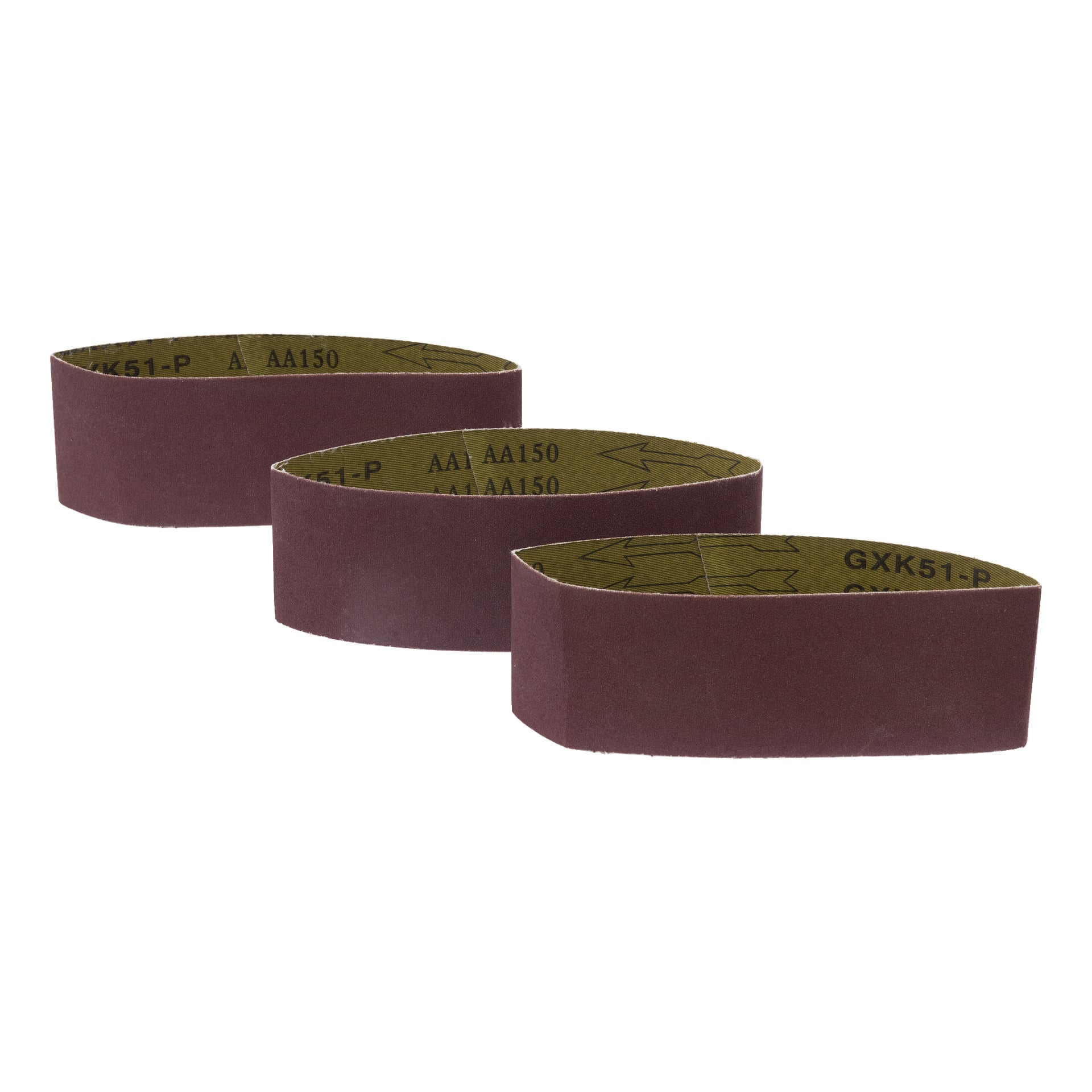 Tre Meec Tools Sanding Belt 3 Pack-produkter står uppradade i rad. Varje vinröd slipbälte har en gul inre yta markerad med svart text och riktningspilar som visar korn och orientering. De ovala bältena står upprätt.