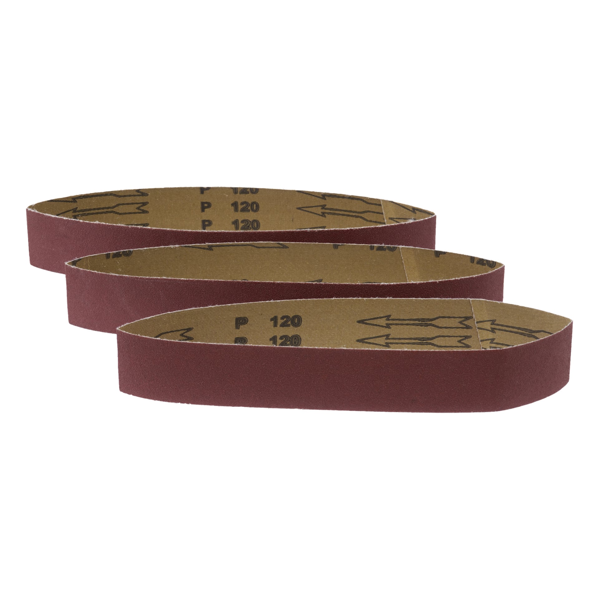 Tre slipband från Meec Tools i ett paket om tre är uppradade bredvid varandra, med P 120-kornsetiketter och riktningspilar synliga på insidan.