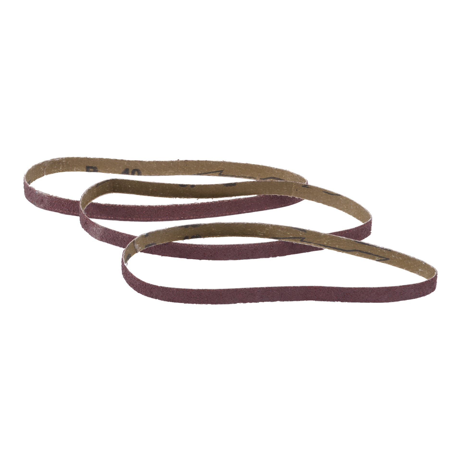 Tre bruna slipband från Meec Tools är löst lindade, vilket visar slipande grus på utsidan och tryckt text och märkningar på insidan.