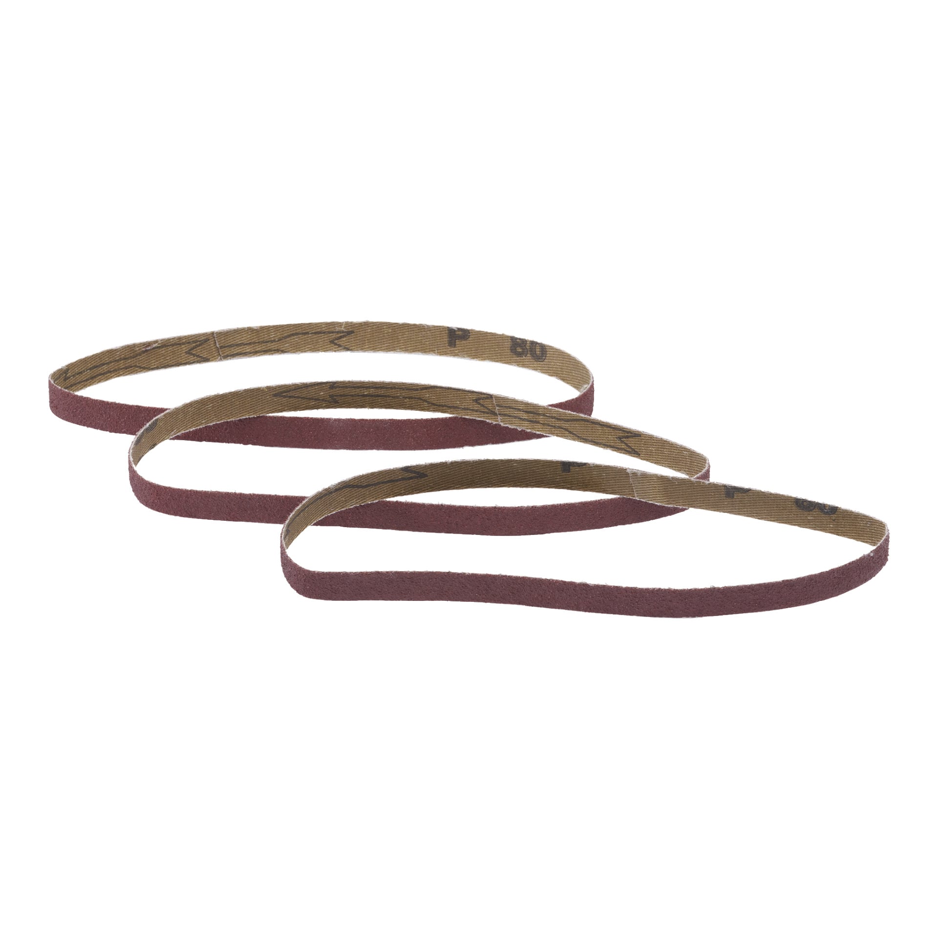 Tre slipband från Meec Tools från en 3-pack visas liggande platt och lätt överlappande, med slipsidan uppåt och lite tryckt text synlig på insidan.
