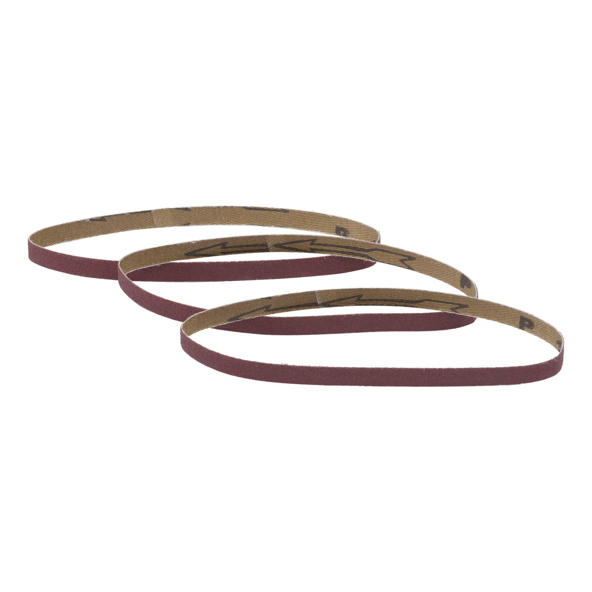 Tre Meec Tools Sanding Belt 3 Pack-band är uppradade sida vid sida och visar slipytorna, med riktade pilar tydligt synliga på insidan av sidorna.