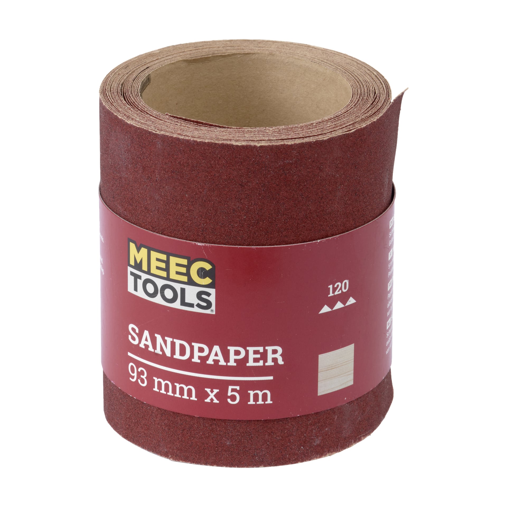 En 5-meters rulle slippapper från Meec Tools, 93 mm bred och kornstorlek 120, med en röd slipsida och en brun pappersbaksida. Förpackningen har en röd etikett med vitt och gult tryck.