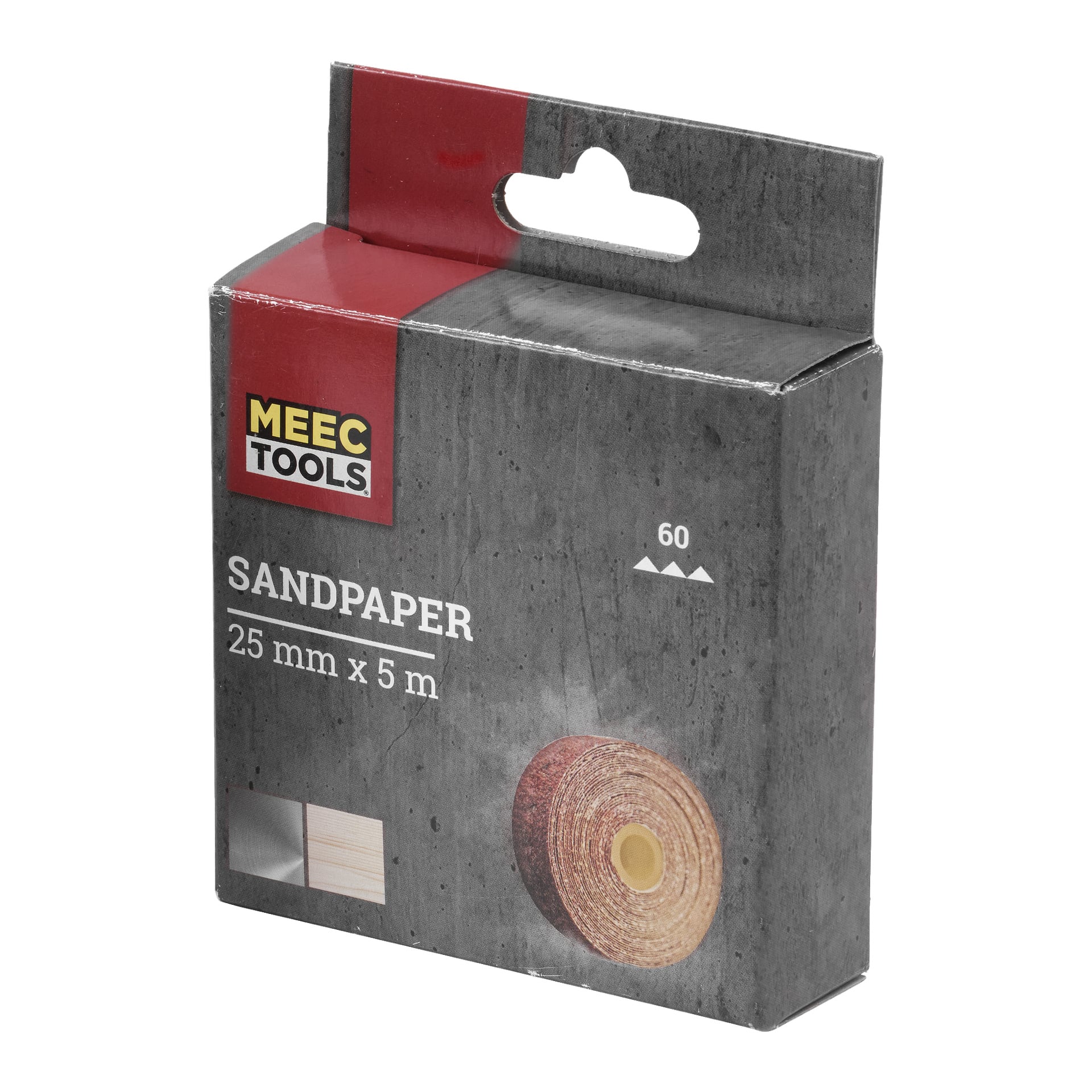 Meec Tools sandpapper i grå förpackning, märkt med måtten 25 mm x 5 m och kornstorlek 60. Framsidan visar en bild av en sandpappersrulle, och lådan har röd och gul Meec Tools-märkning.