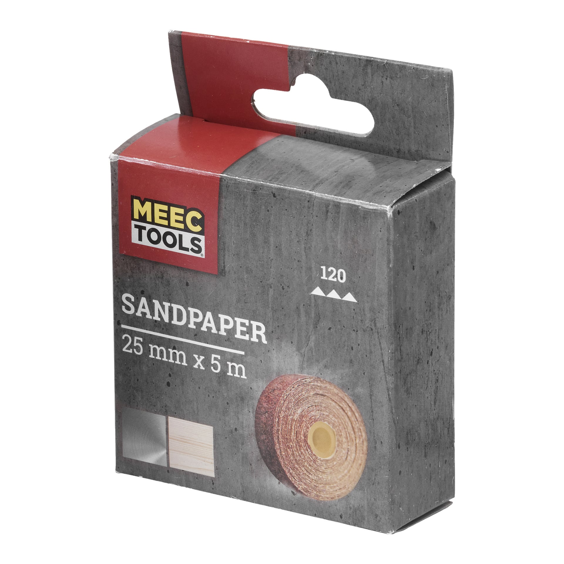 Ett grått paket av Meec Tools sandpapper, 25 mm x 5 m i storlek med en kornstorlek på 120. Lådan visar en bild av sandpappersrullen och inkluderar ett visuellt exempel som visar att den används på trä.