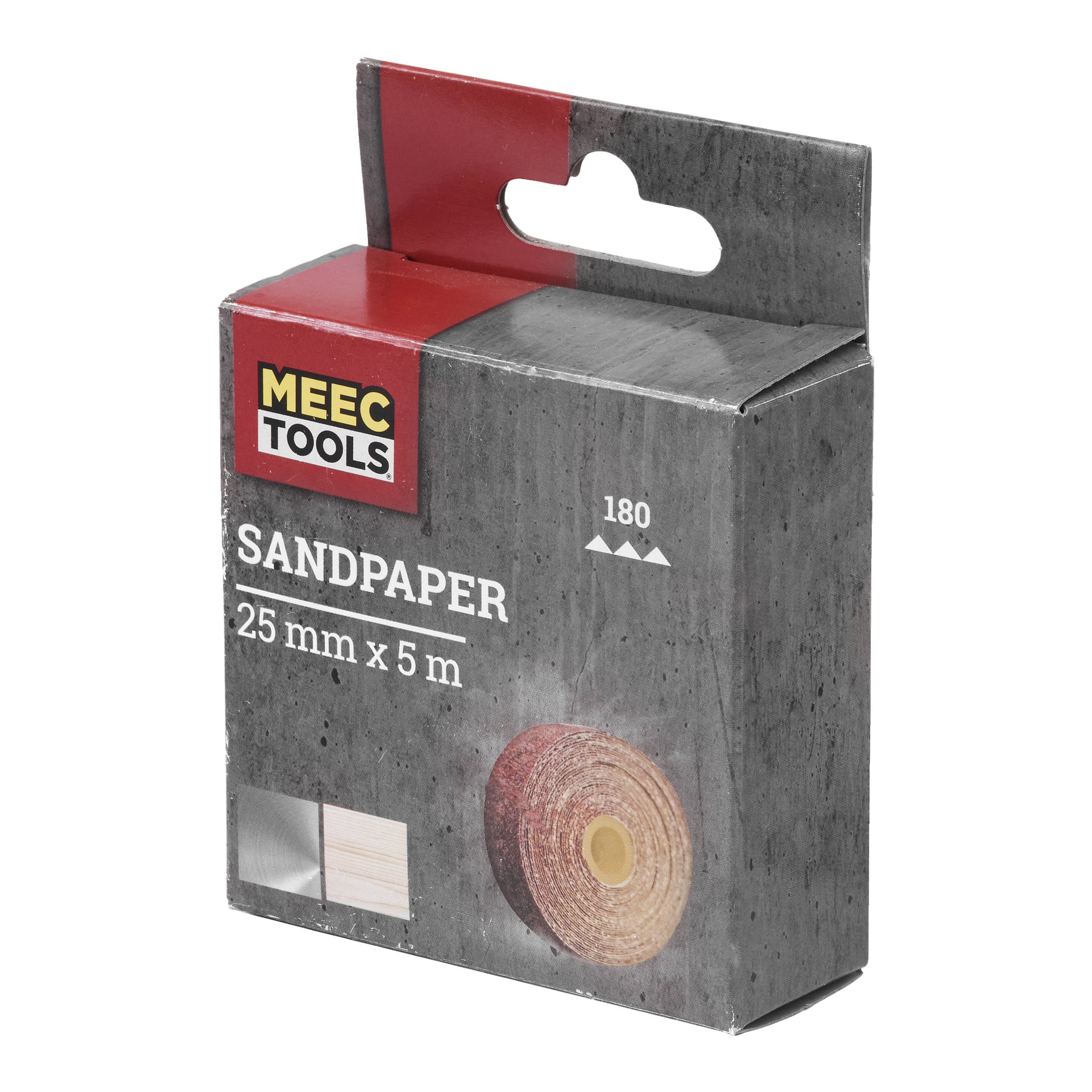 Meec Tools Sandpapper, 180 korn, i en låda som mäter 25 mm x 5 m. Förpackningen är grå med röda detaljer och har ett foto av sandpappersrullen.