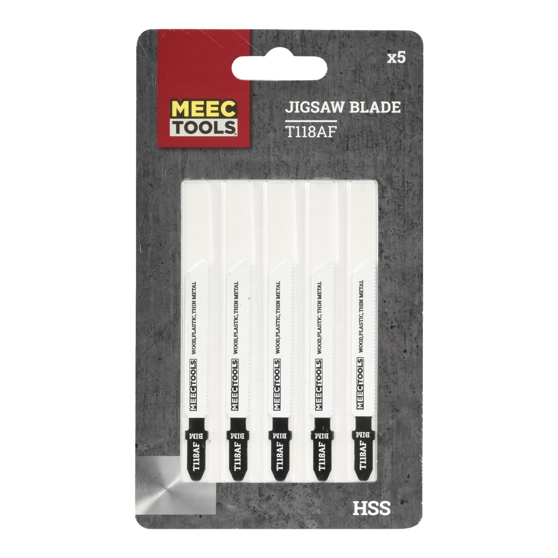 Ett set med fem sticksågsblad från Meec Tools syns inuti transparent plastförpackning, som visar produktinformation på en grå, texturerad bakgrund. Etiketten anger att bladen är HSS och designade för att skära metall.