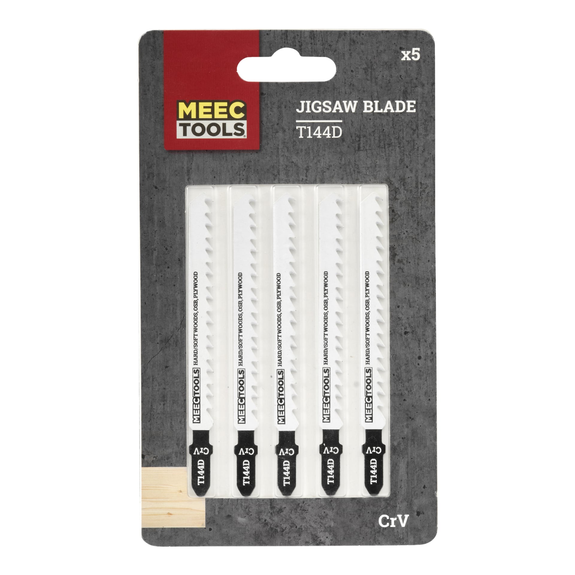 Ett set med fem Meec Tools sticksågsblad visade i transparent plastförpackning. Bladen är vita med svarta markeringar, avsedda för att hugga trä.