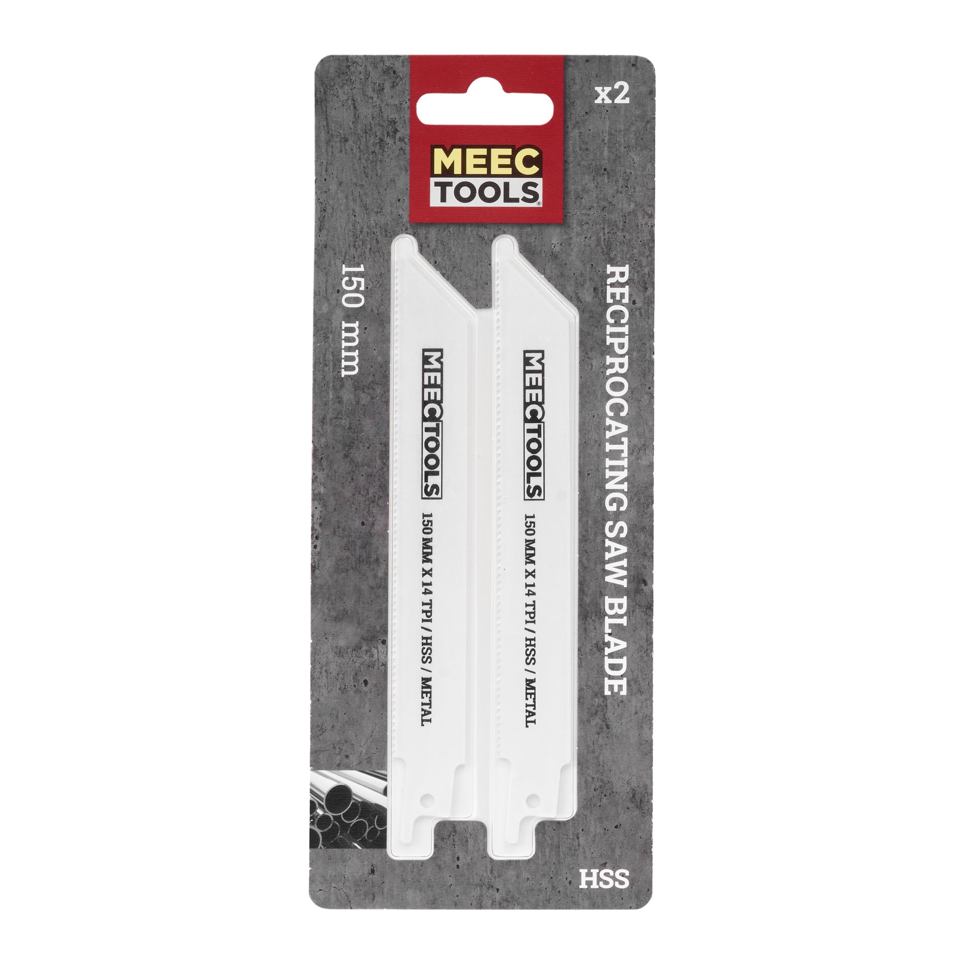 Ett paket innehållande två 150 mm Meec Tools bajsågblad för metallskärning, inneslutet i vit plastförpackning med den röda Meec Tools-logotypen högst upp och produktinformation inklusive "Reciprocating Saw Blade" och "HSS" på framsidan.
