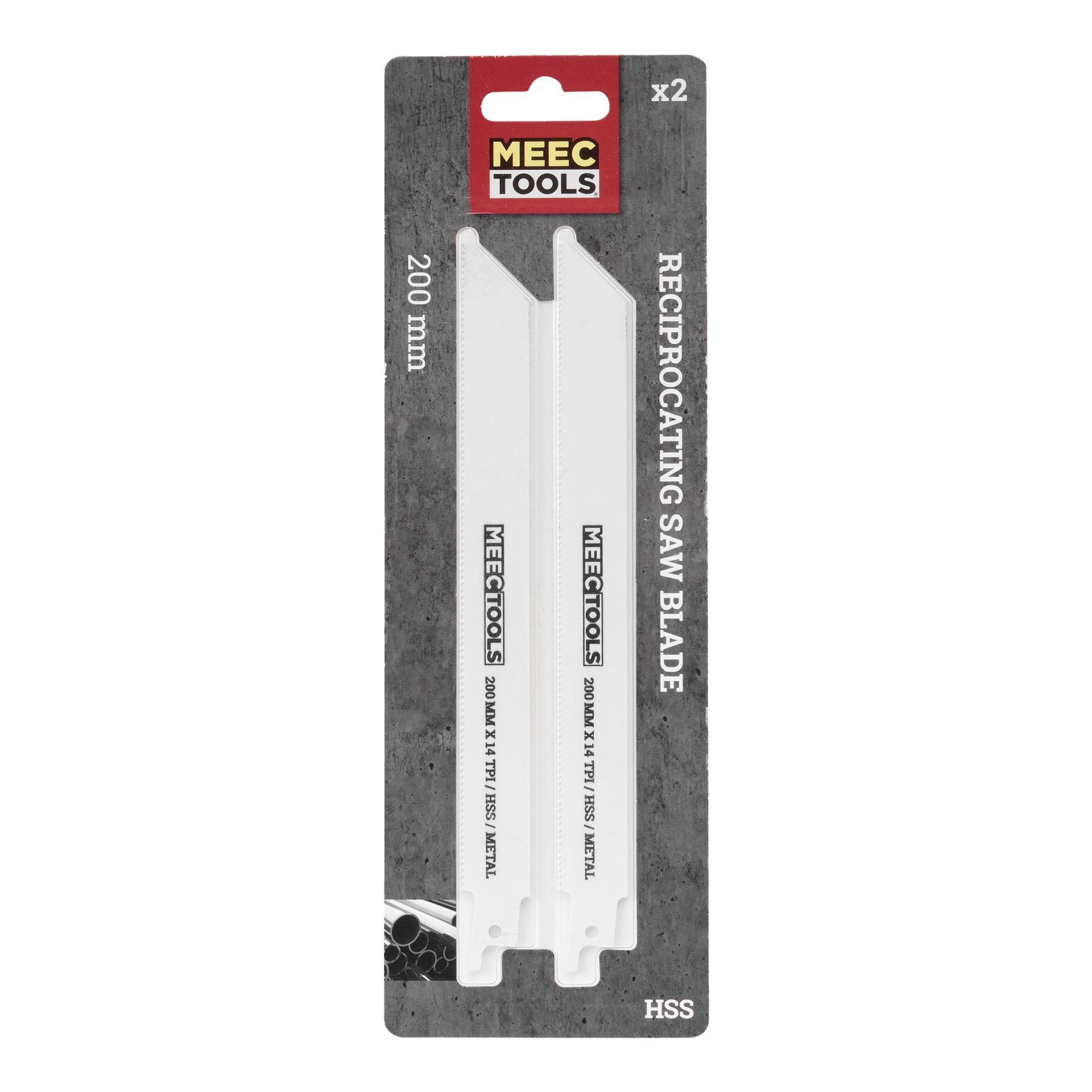 Ett par vita Meec Tools bajsågsblad, 200 mm långa och tillverkade av HSS för metallskärning, visas tillsammans i ett transparent plastpaket. Ovansidan av förpackningen visar Meec Tools-loggan i rött och svart, med båda bladen tydligt synliga inuti.