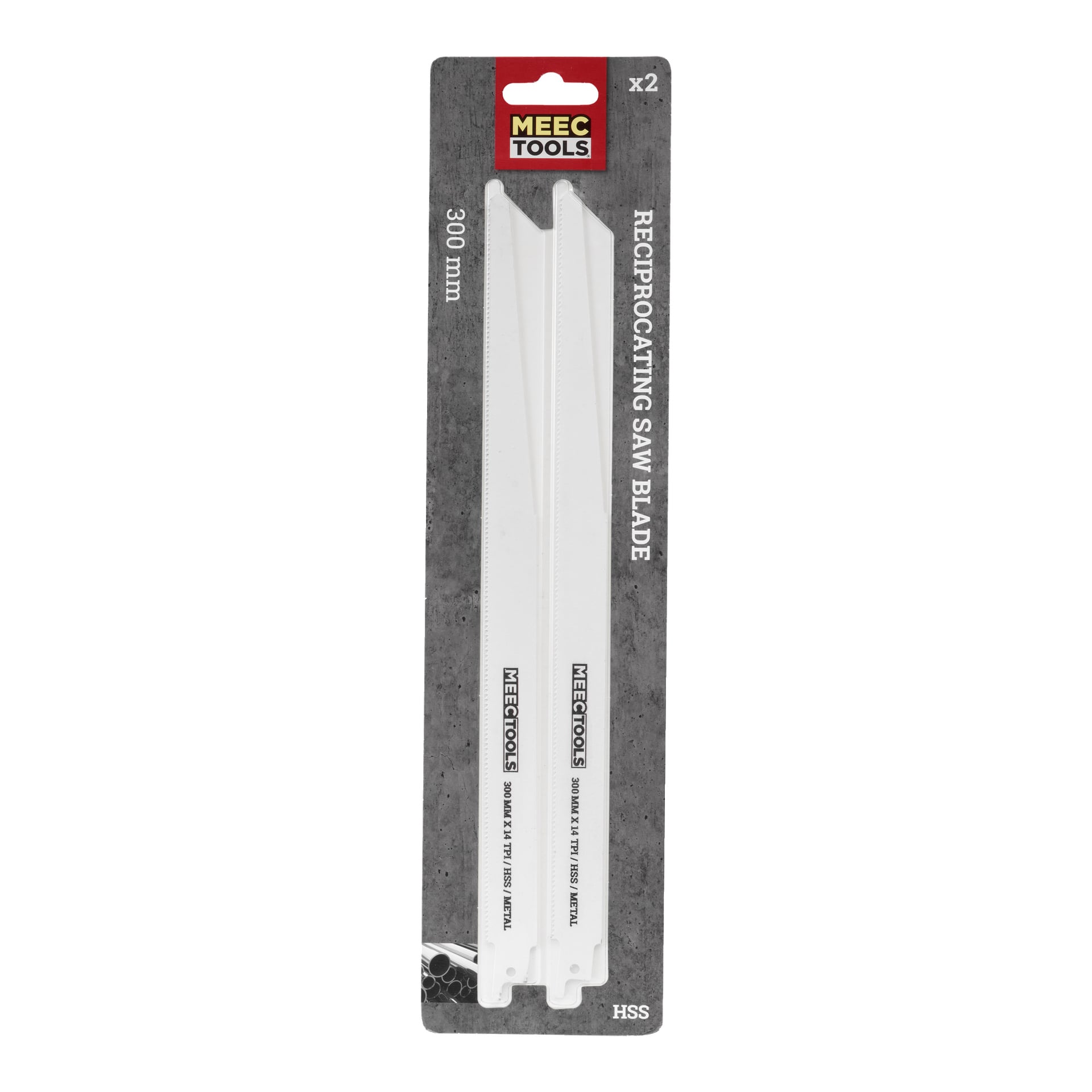 Två vita Meec Tools bajsågblad visas i ett paket märkt "Reciprocating saw blade 2 pack." Förpackningen anger att bladen är tillverkade av höghastighetsstål (HSS), mäter 300 mm och är avsedda för metallbearbetning.