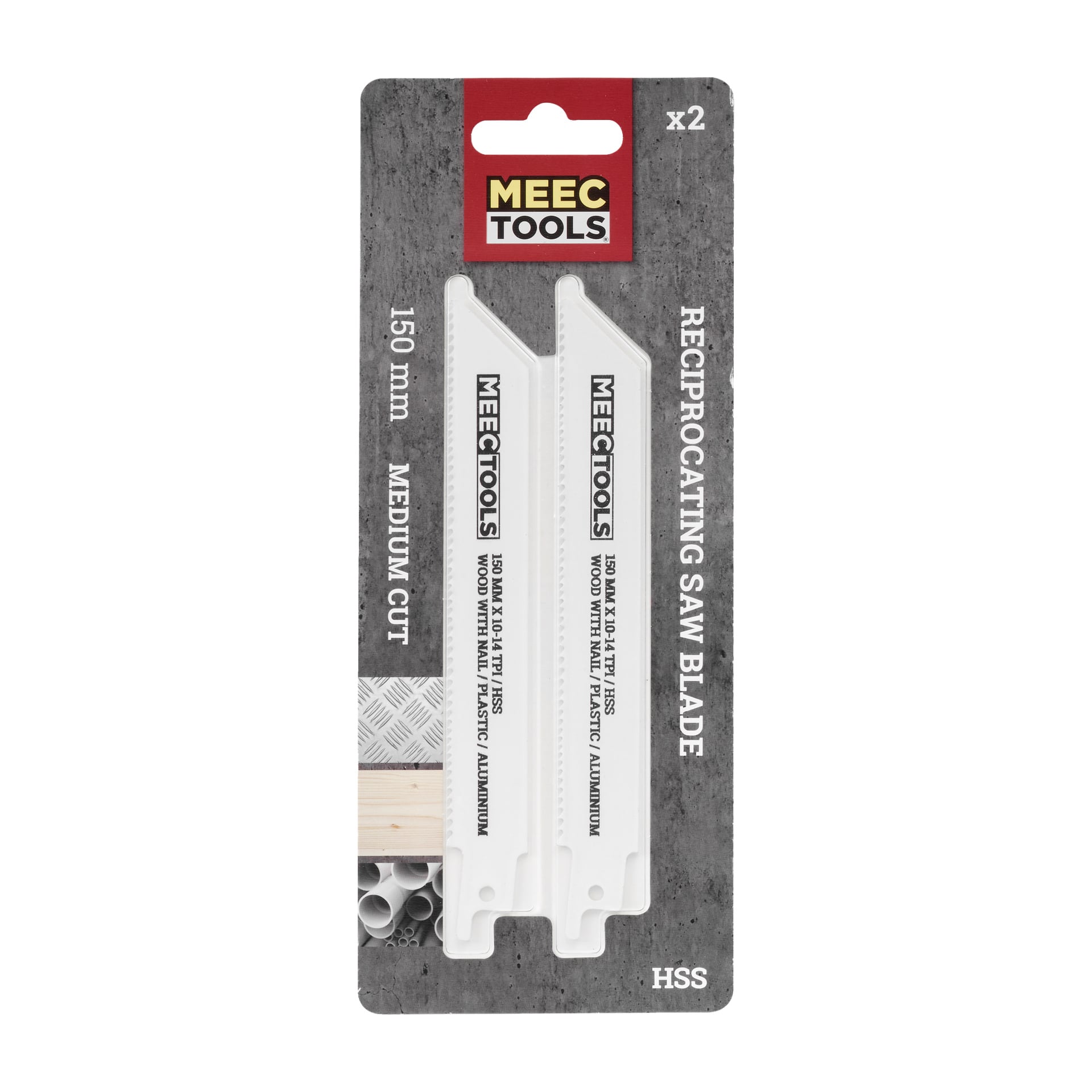 Två vita Meec Tools bajsågblad visas på ett displaykort. Förpackningen anger att dessa 150 mm mellanskurna HSS-blad kan användas för trä, tunn metall och plast.