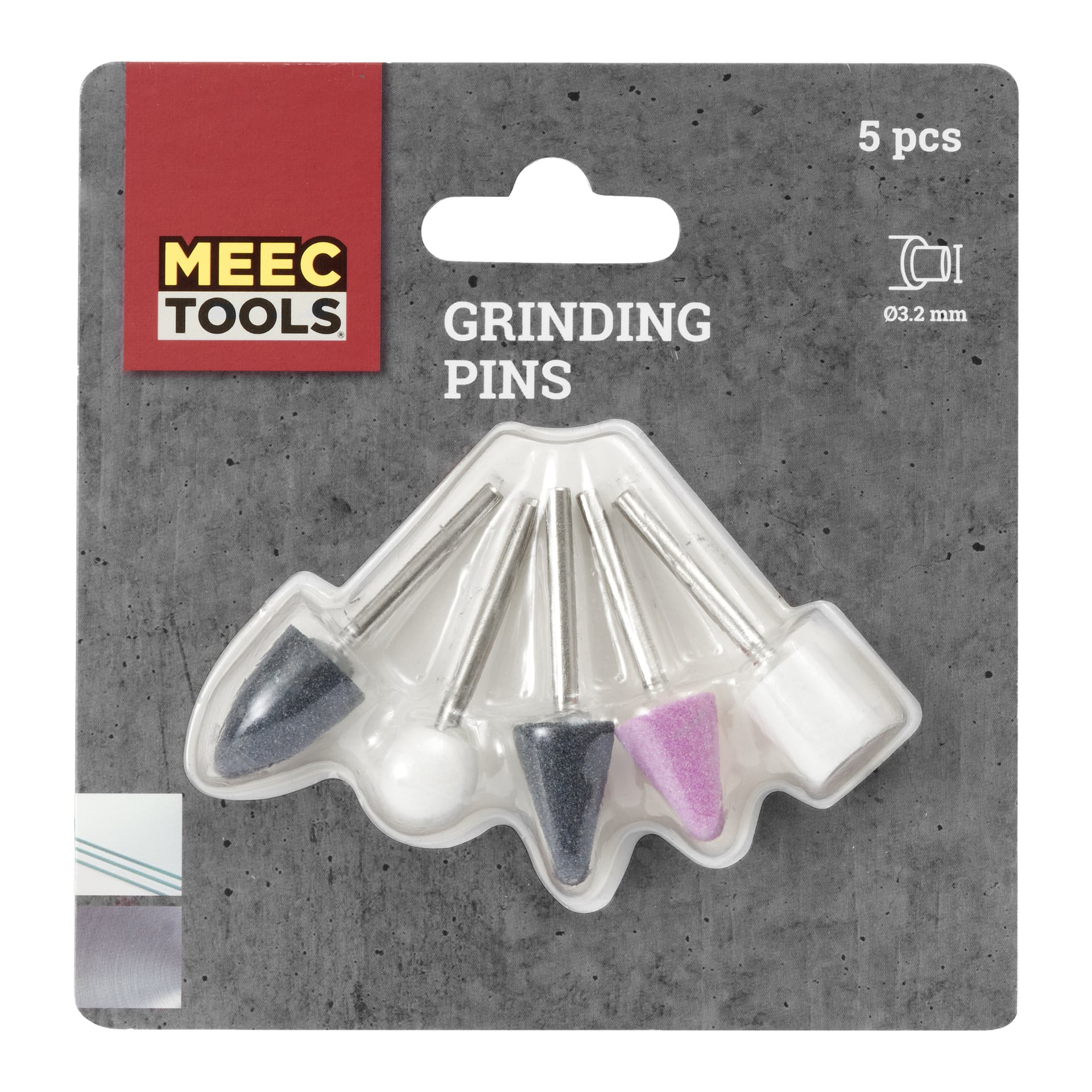 Fünf keramische Schleifstifte von Meec Tools in verschiedenen Formen und Farben werden in Kunststoffverpackungen vor einem grauen Hintergrund präsentiert. Auf dem Verpackungsetikett steht "Keramik-Schleifstifte 5 Stück" und ein Schaftdurchmesser von 3,2 mm.