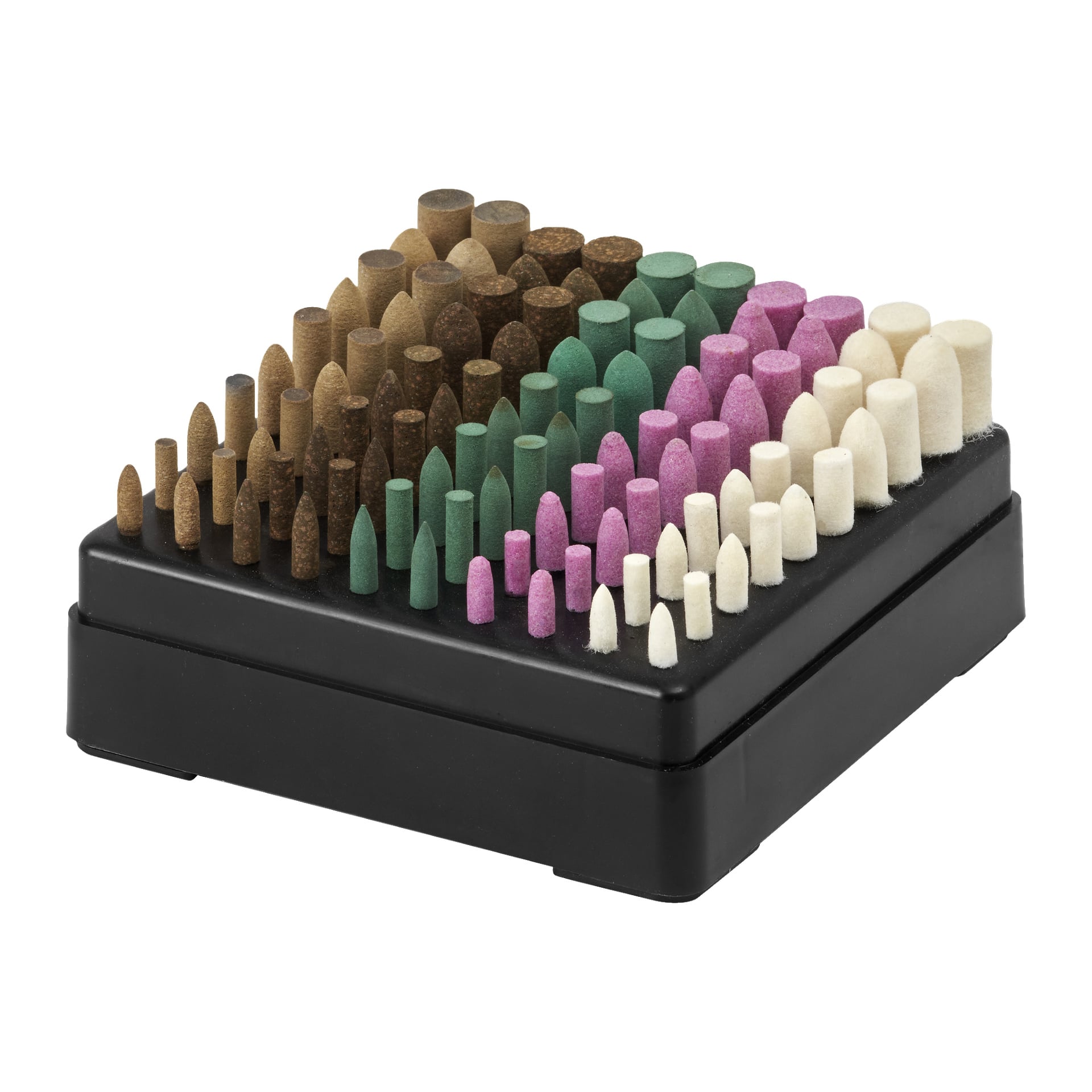 En svart plastbricka från Meec Tools Grinding and Engraving Set (100 stycken) visar en samling små slipande poleringsbitar, organiserade i prydliga rader. Bitarna varierar i form, storlek och färg – inklusive nyanser av brunt, grönt, rosa och vitt.