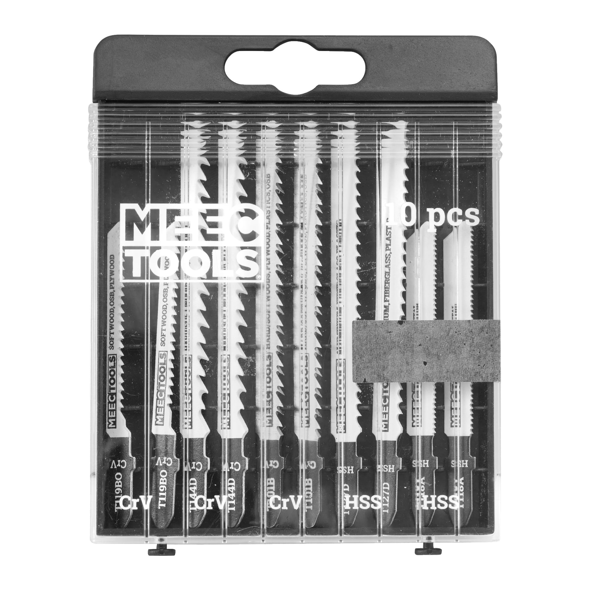 Ett transparent plastfodral märkt "Meec Tools" rymmer 10 sticksågsblad arrangerade vertikalt, var och en med en etikett för typ och storlek. Paketet visar svartvit text och har titeln "Jigsaw blade 10 pieces."