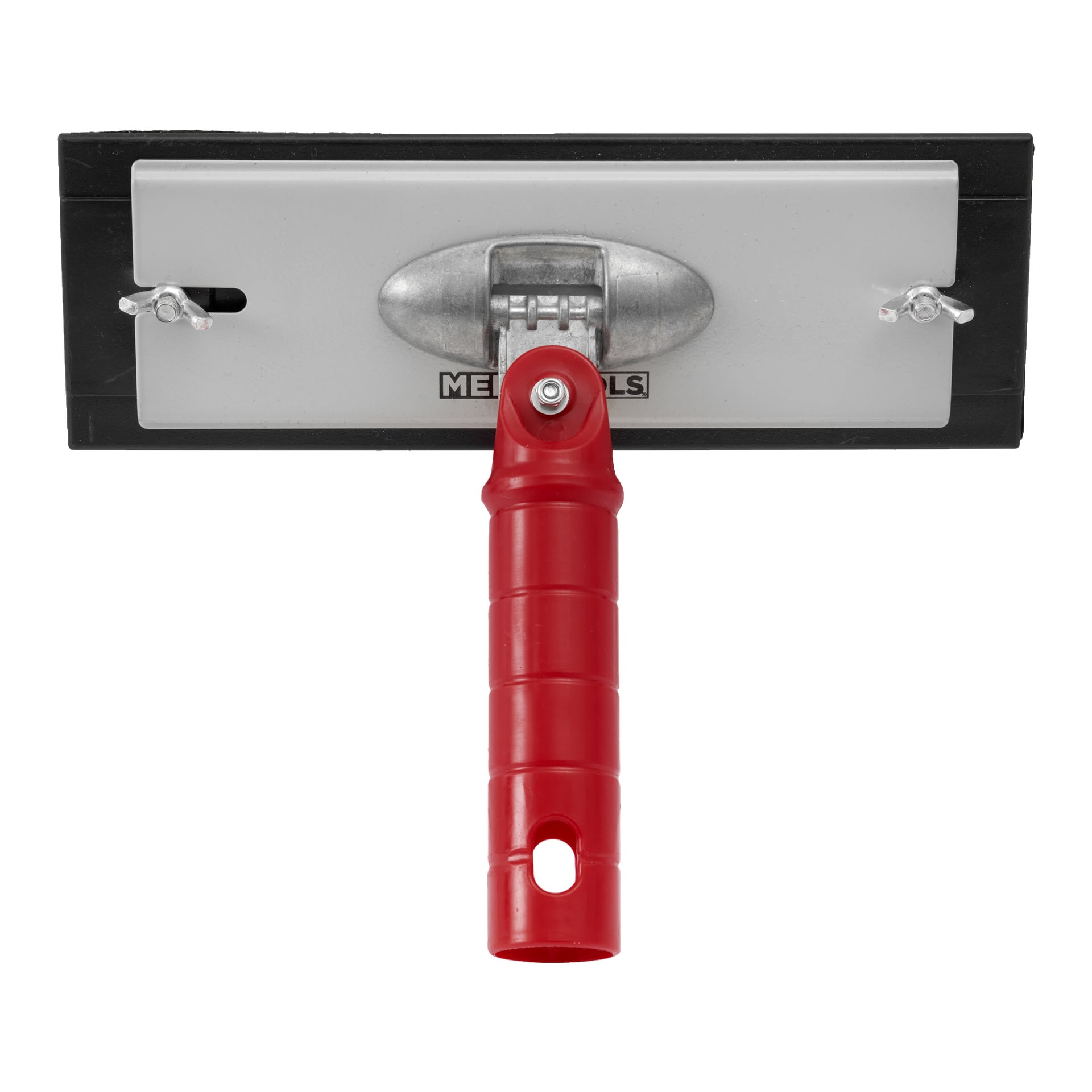Meec Tools Jointed slipverktyg har en rektangulär form, ett rött handtag, metalltoppplatta, vingmuttrar och en svart slipplatta.