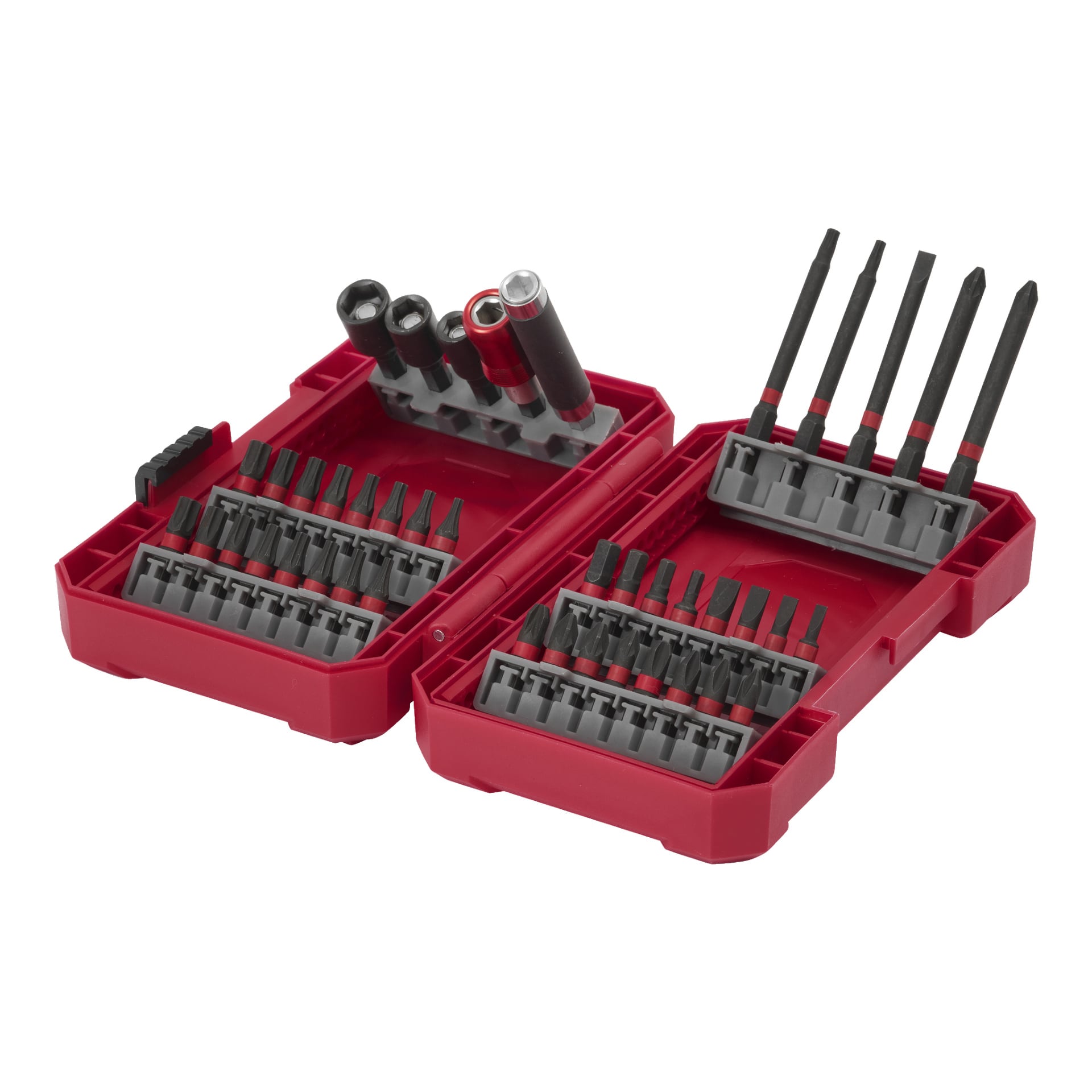 Meec Tools Bit Set innehåller 42 delar placerade i ett rött plastfodral, med skruvmejselbitar, hylsor och förlängningar prydligt placerade i specialgjutna spår och höljet öppet för att avslöja varje verktyg.