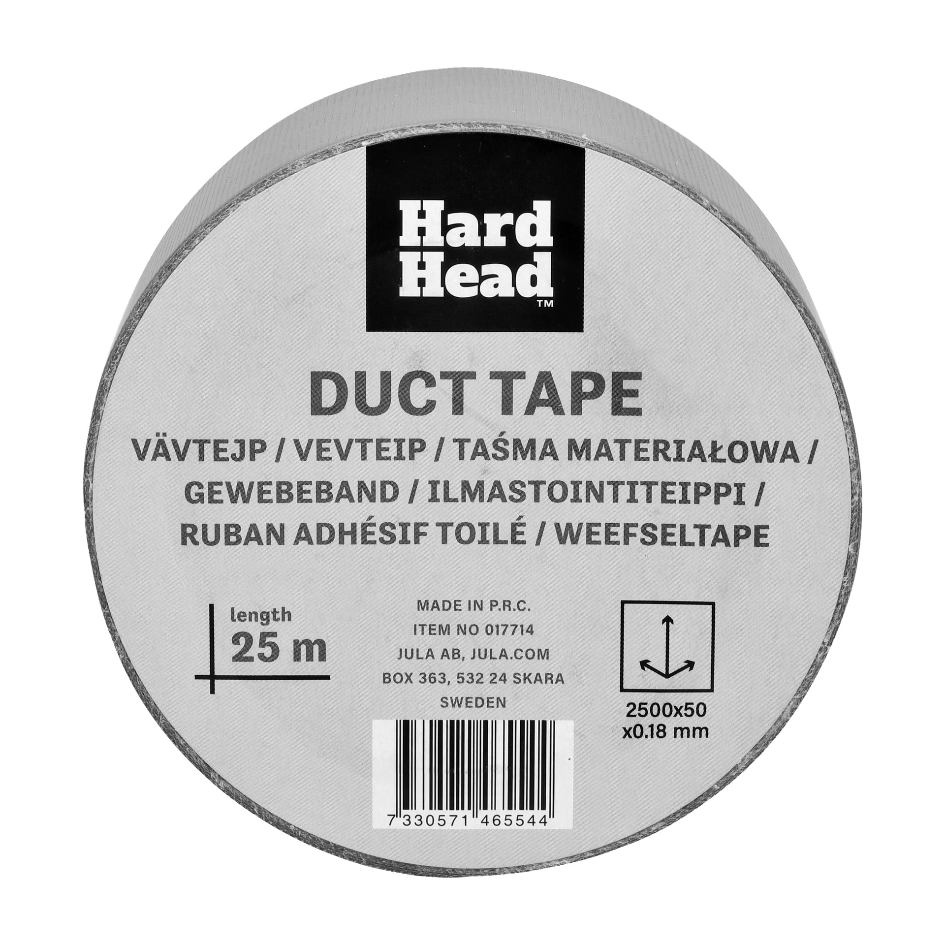 En rulle Hard Head Duct Tape med märkning visar att den innehåller 25 meter tejp, varje rulle är 50 millimeter bred. Etiketten innehåller produktdetaljer och ursprungsinformation.