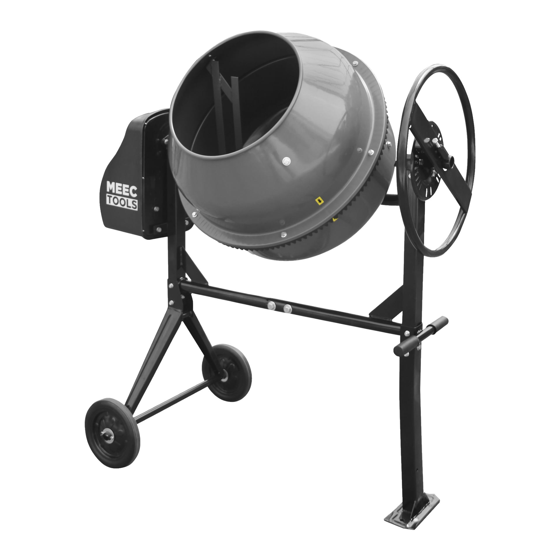 En Meec Tools betongblandare med en rymlig roterande trumma, ett handhjul för att justera lutningen, en hållbar metallram och två hjul som gör den lätt att flytta. Motorhuset visar varumärket "Meec Tools".