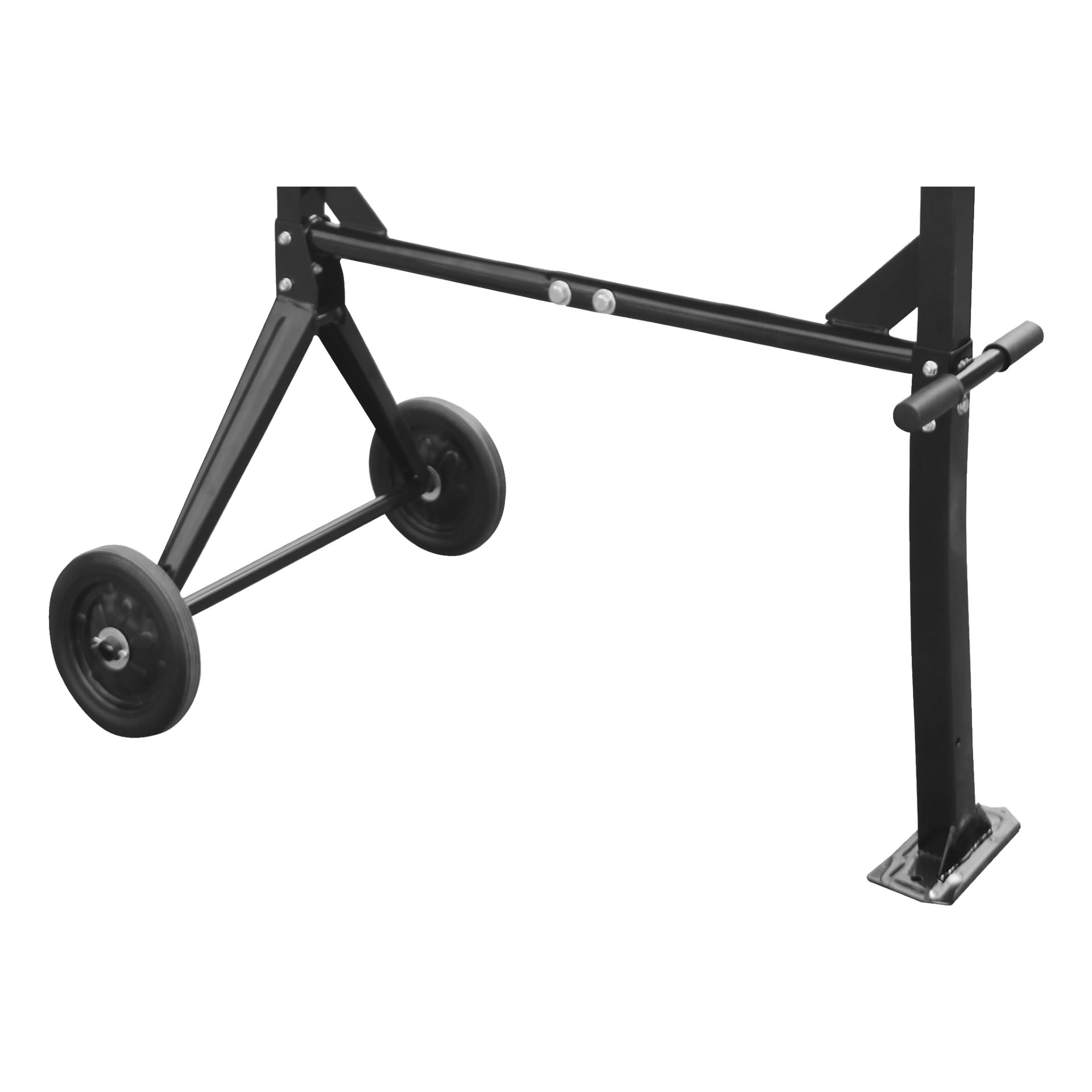 Närbild på den nedre ramen på en Meec Tools betongblandare, med robust svart metallkonstruktion med två hjul på ena sidan och en platt metallfot på motsatt sida.