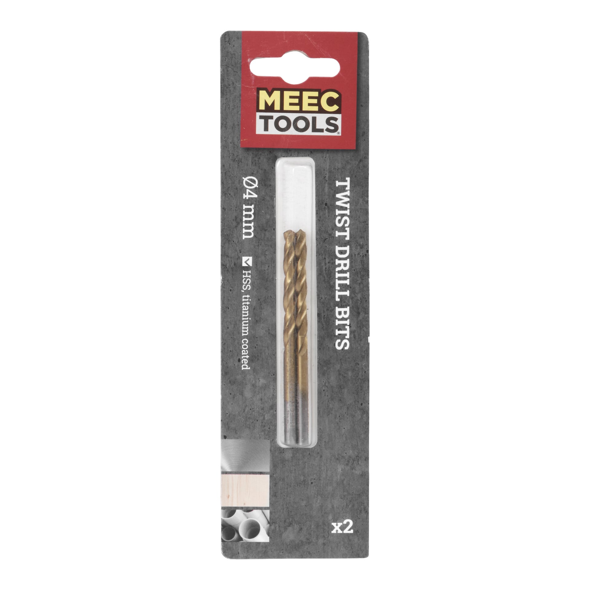 Ett förpackat par Meec Tools metallborr, vardera 4 mm och titanbelagda, visas på en texturerad grå yta med produktdetaljer synliga på förpackningen.