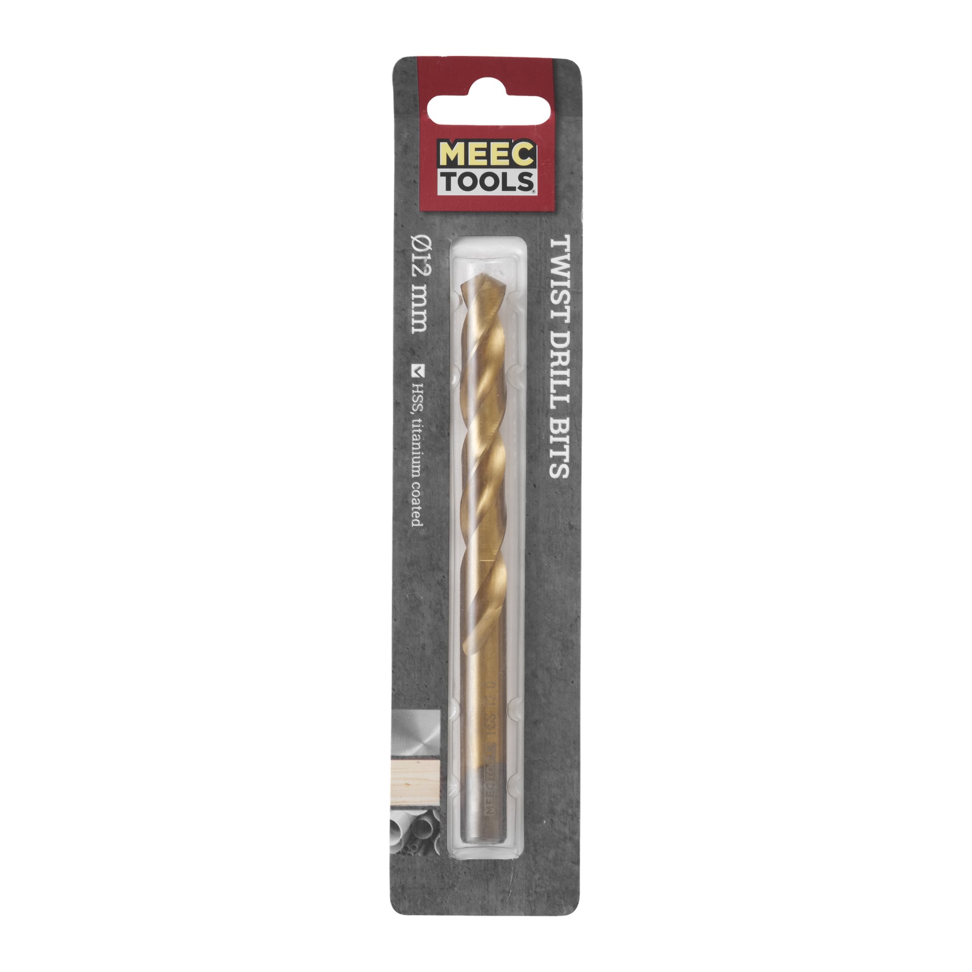 Ett Meec Tools 12 mm metallborr med en guldfärgad titanbeläggning, visad inuti grå förpackning som visar produktinformation och har en tydlig sektion som avslöjar borrkronan.