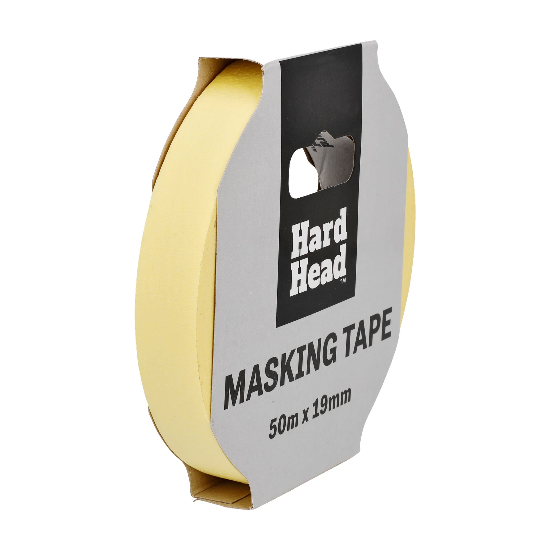En gul rulle Hard Head Masking Tape, 50 meter lång och 19 millimeter bred, visad i en kartong med ett handtagsutskuret upptill.