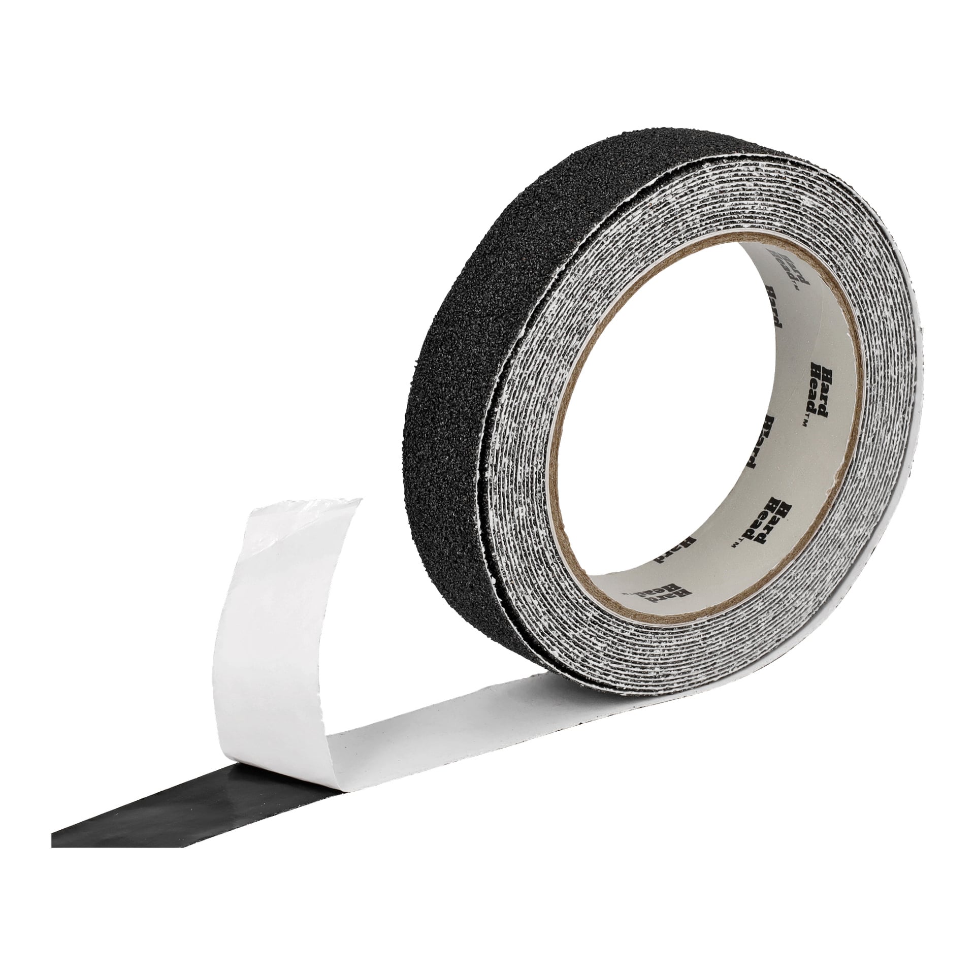 En delvis utrullad rulle Hard Head Anti-slip visar dess svarta, texturerade limyta när den vita baksidan dras bort från den klibbiga sidan. Bandet står upprätt.