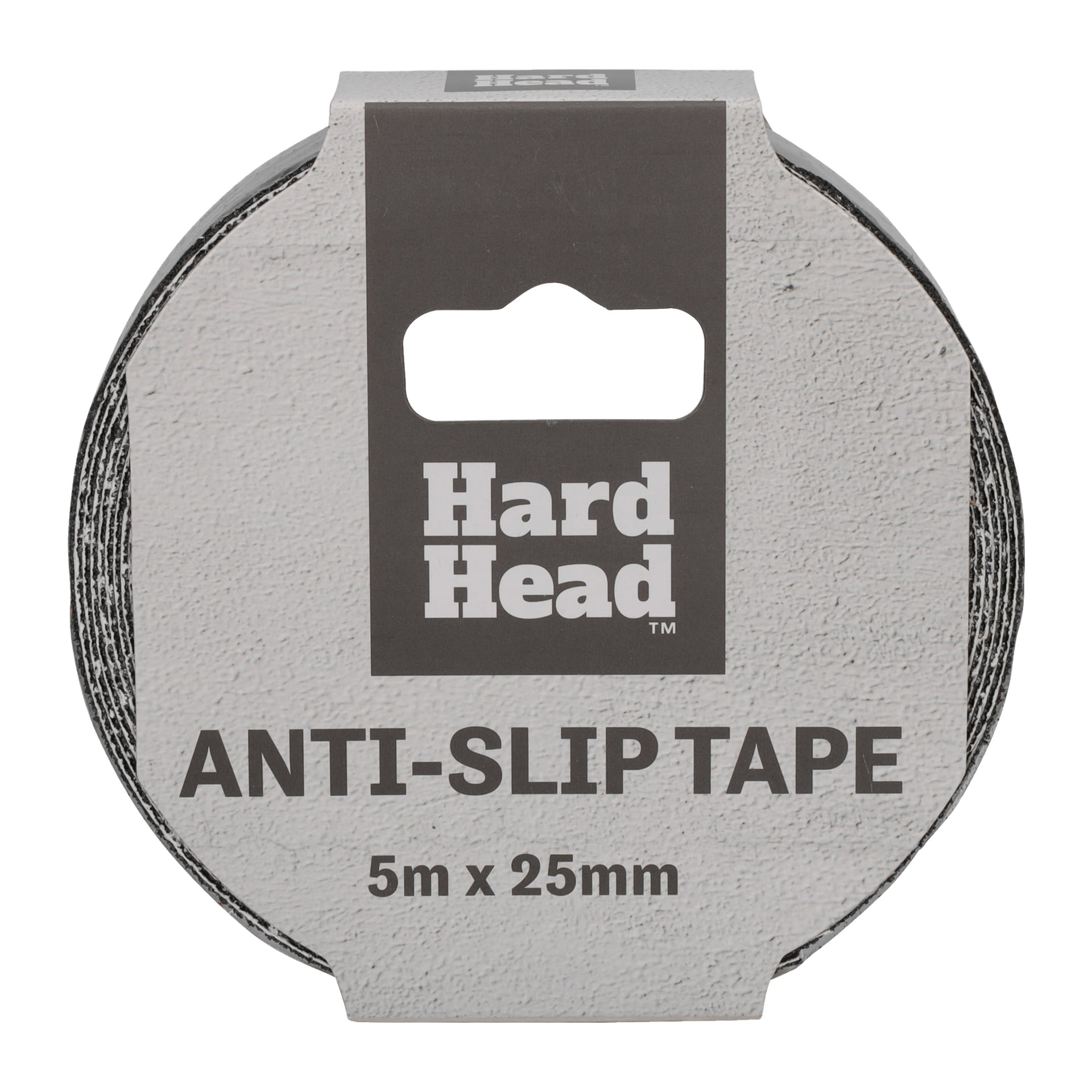 En rulle Hard Head anti-halk-tejp, 5 meter lång och 25 millimeter bred, inlindad i grå förpackning med ett utskuret handtag på toppen.