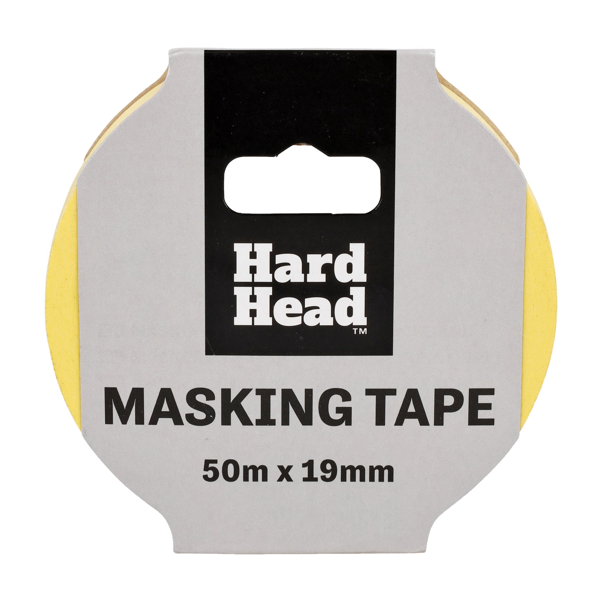 En rulle Hard Head Masking Tape i ett grått paket med texten "MASKING TAPE 50m x 19mm" i svart text, med gul tejp synlig i kanterna.