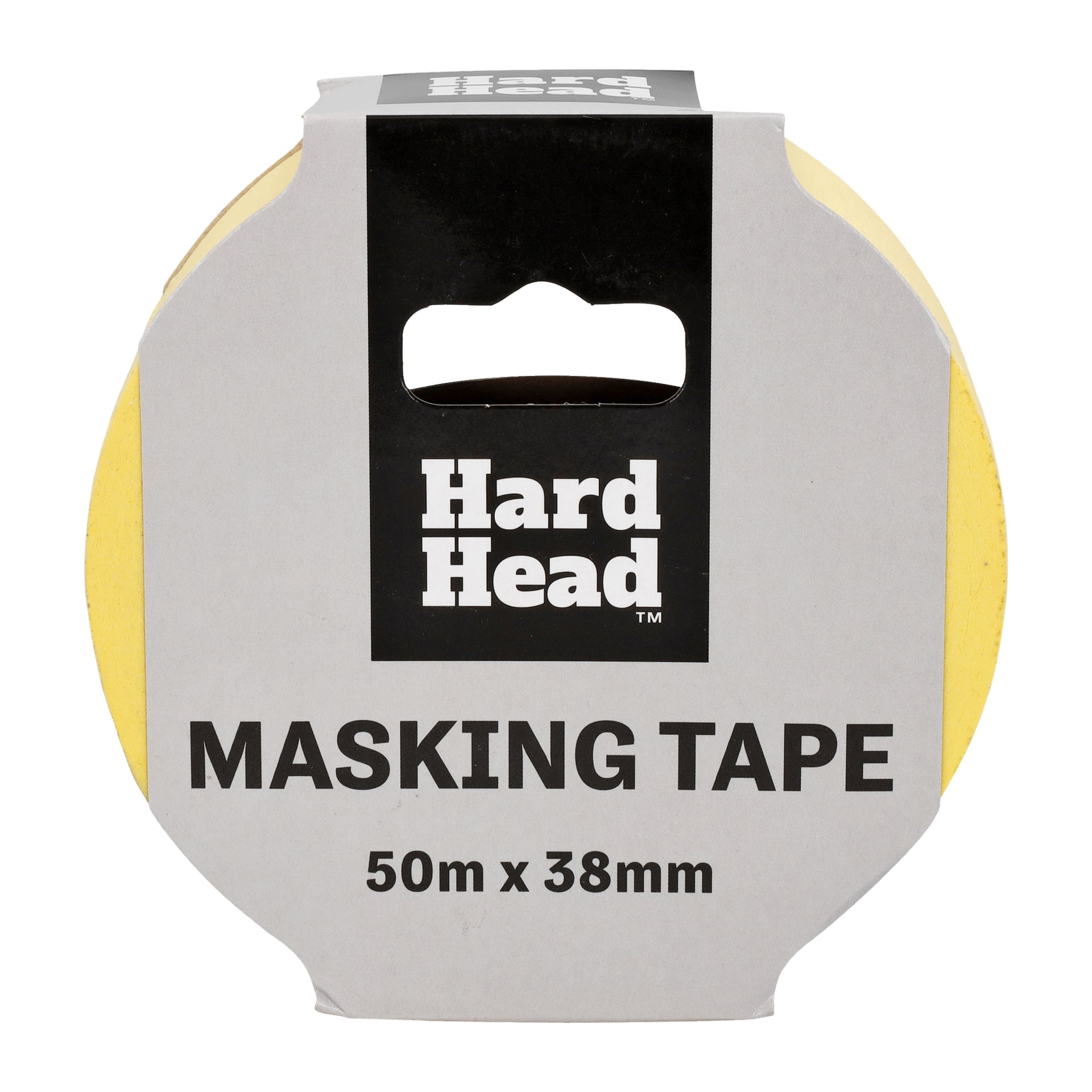 En gul rulle Hard Head maskeringstejp, märkt med måtten 50 meter gånger 38 millimeter på förpackningen.