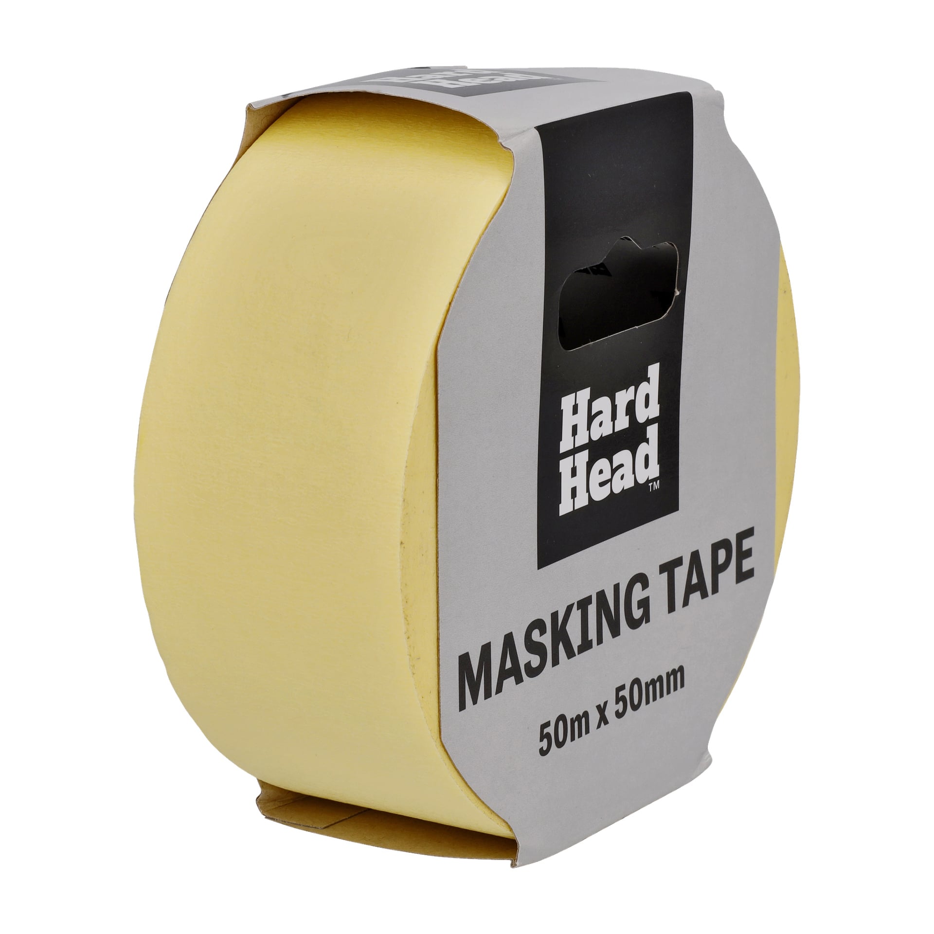 En rulle gul Hard Head maskeringstejp inlindad i grå förpackning med etiketten "MASKING TAPE 50m x 50mm.".