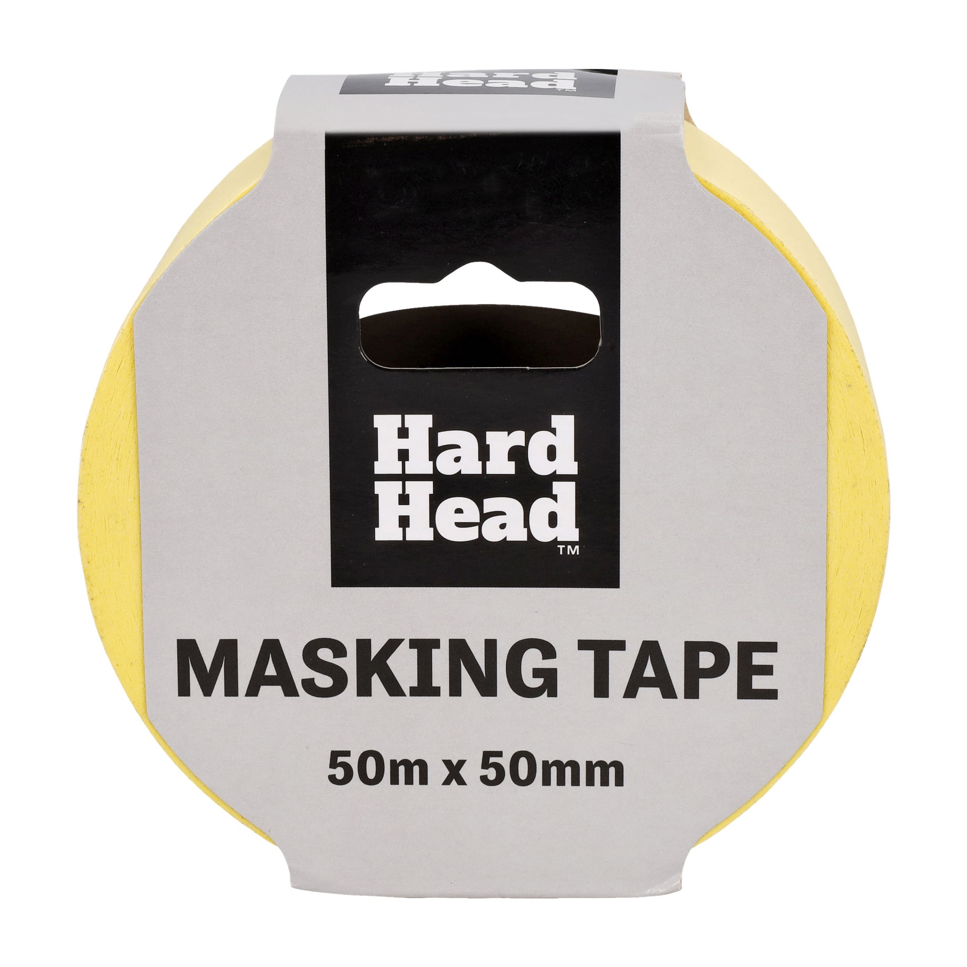 En gul rulle Hard Head Maskeringstejp i en vit kartonghållare med texten "MASKING TAPE 50m x 50mm" och ett handtagsutskär upptill.