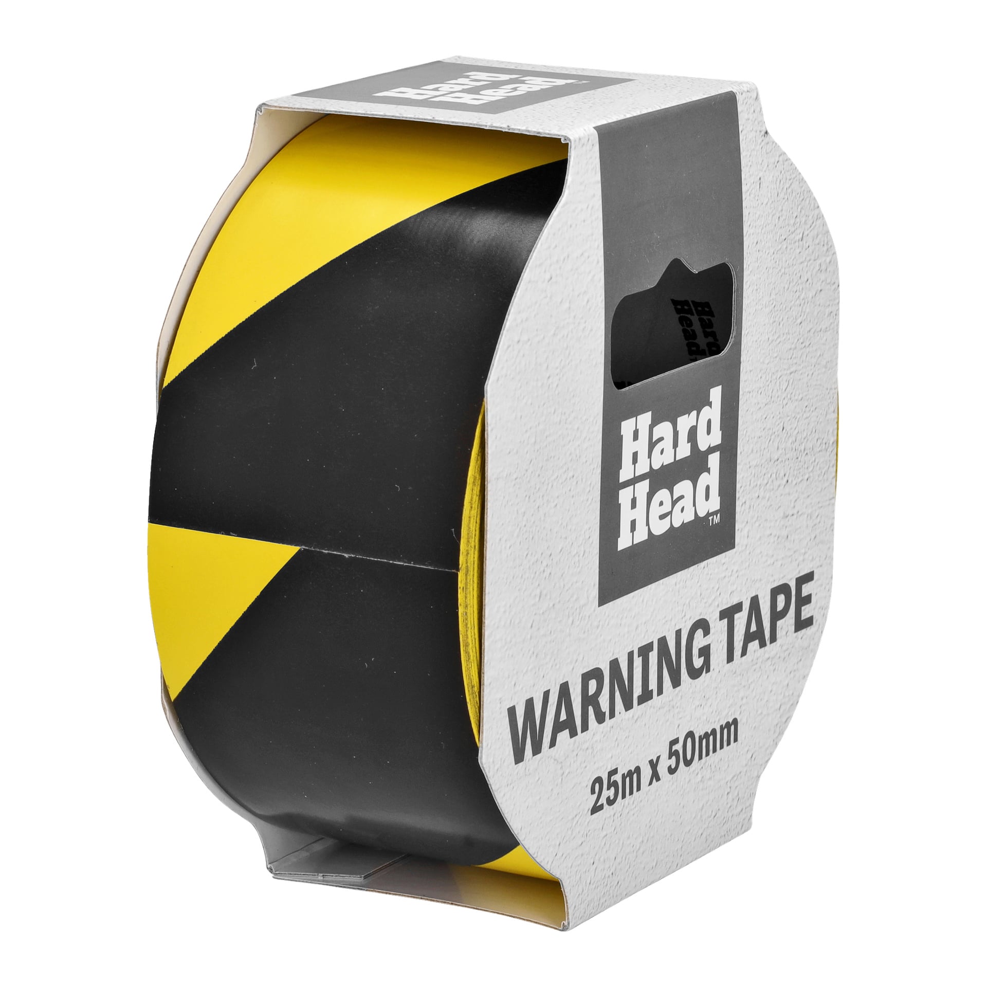 Eine Rolle Hard Head Warnband mit schwarzen und gelben diagonalen Streifen liegt in einem Papphalter mit der Aufschrift "Hard Head" und "Warning Tape 25m x 50mm".