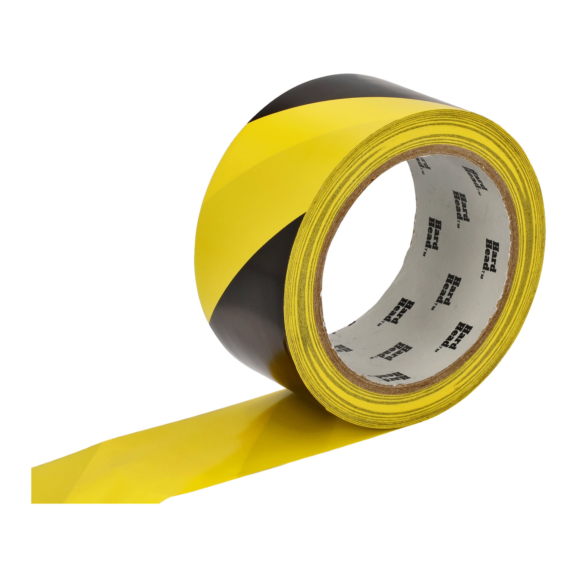 Eine teilweise ausgerollte Rolle Hard Head Warning Tape zeigt die abwechselnden schwarzen und gelben diagonalen Streifen. Der innere Teil der Rolle zeigt das Hard Head-Branding in schwarzer Schrift.