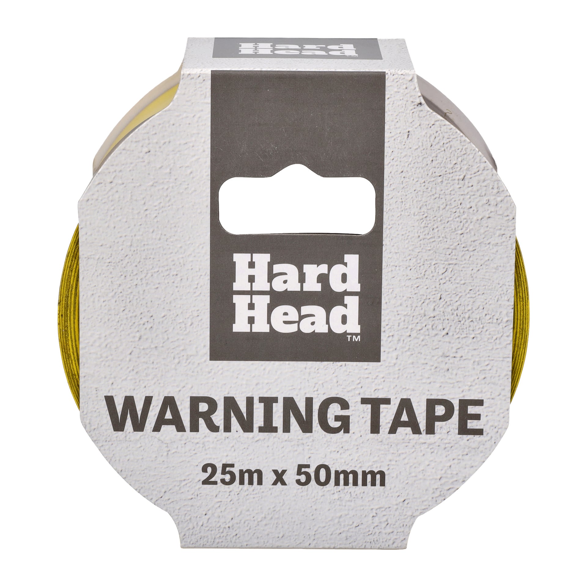 Eine gelbe Rolle Hard Head Warnband in einem weißen Karton mit einem hängenden Loch oben. Das Etikett auf der Verpackung lautet "Hard Head", "WARNING TAPE" und "25m x 50mm".